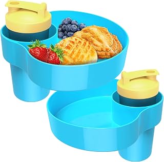 Car Seat Snack Tray for Kids: Kids Car Travel Tray with Cup Holder, Toddlers Road Trip Essential, Snacks Food Plate for Stroller, SnackTray with a Cup Holder (2, Sky Blue)