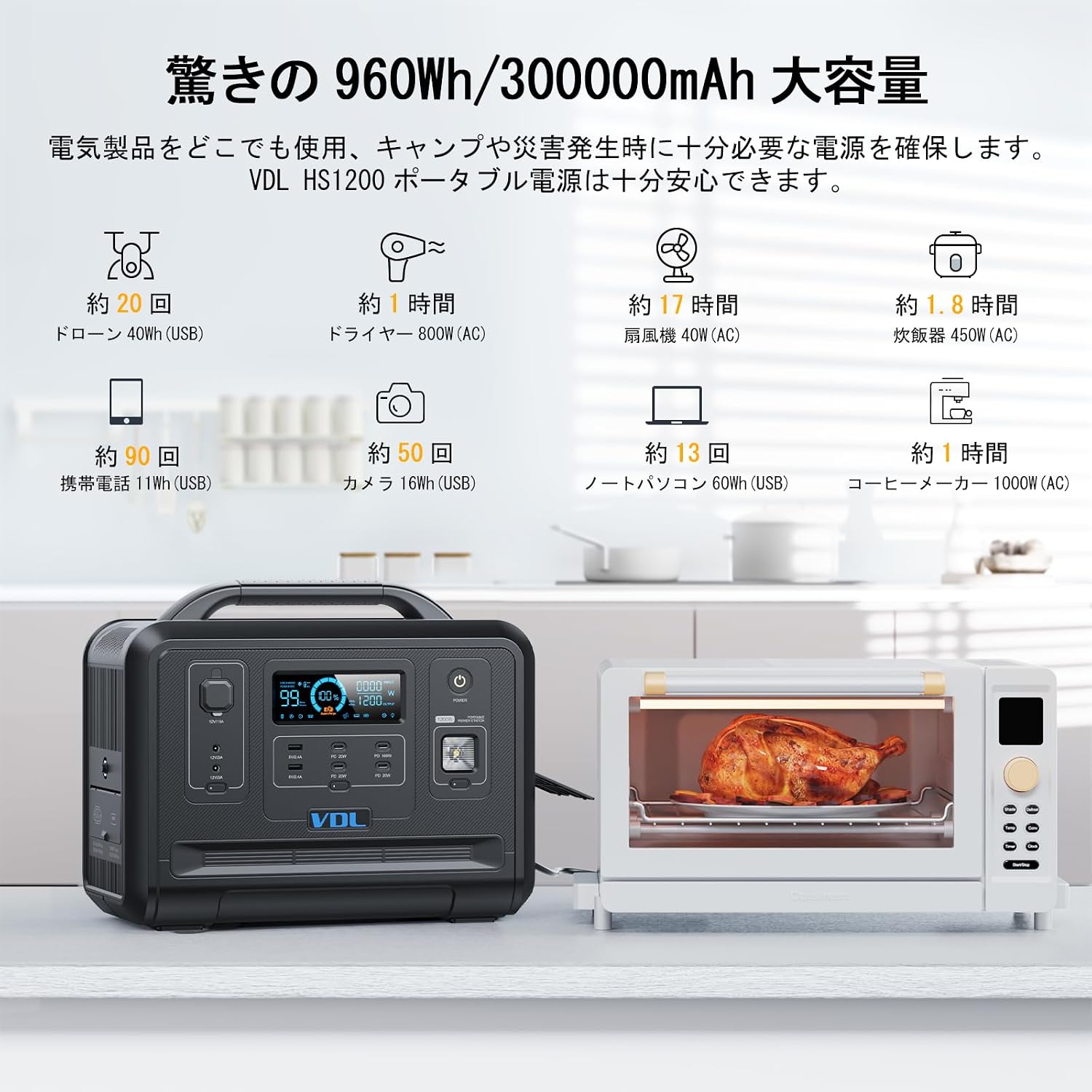 シルバー】VDL ポータブル電源 1200W 大容量 960WH/300000mAh リン酸鉄 