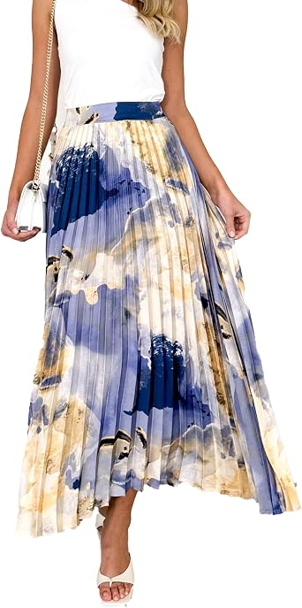 Womens 2026 High Waist Floral Long Skirts Boho Pleated Swing A Line Beach Maxi Skirt