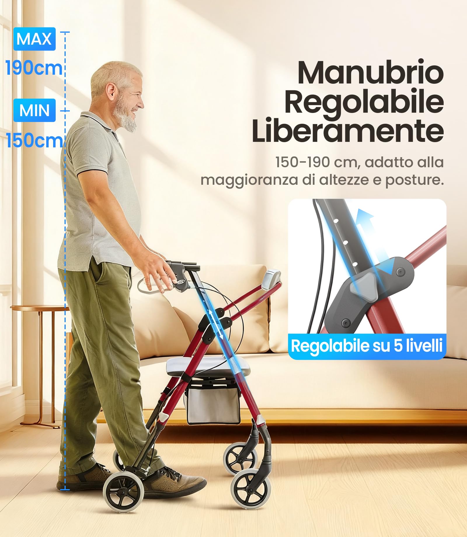 VOCIC Deambulatore pieghevole e leggero con seduta, 6,3 kg ultraleggero | Deambulatore per anziani, max 150 kg, sedile ergonomico, altezza regolabile, walker stretto per casa & viaggi, granata
