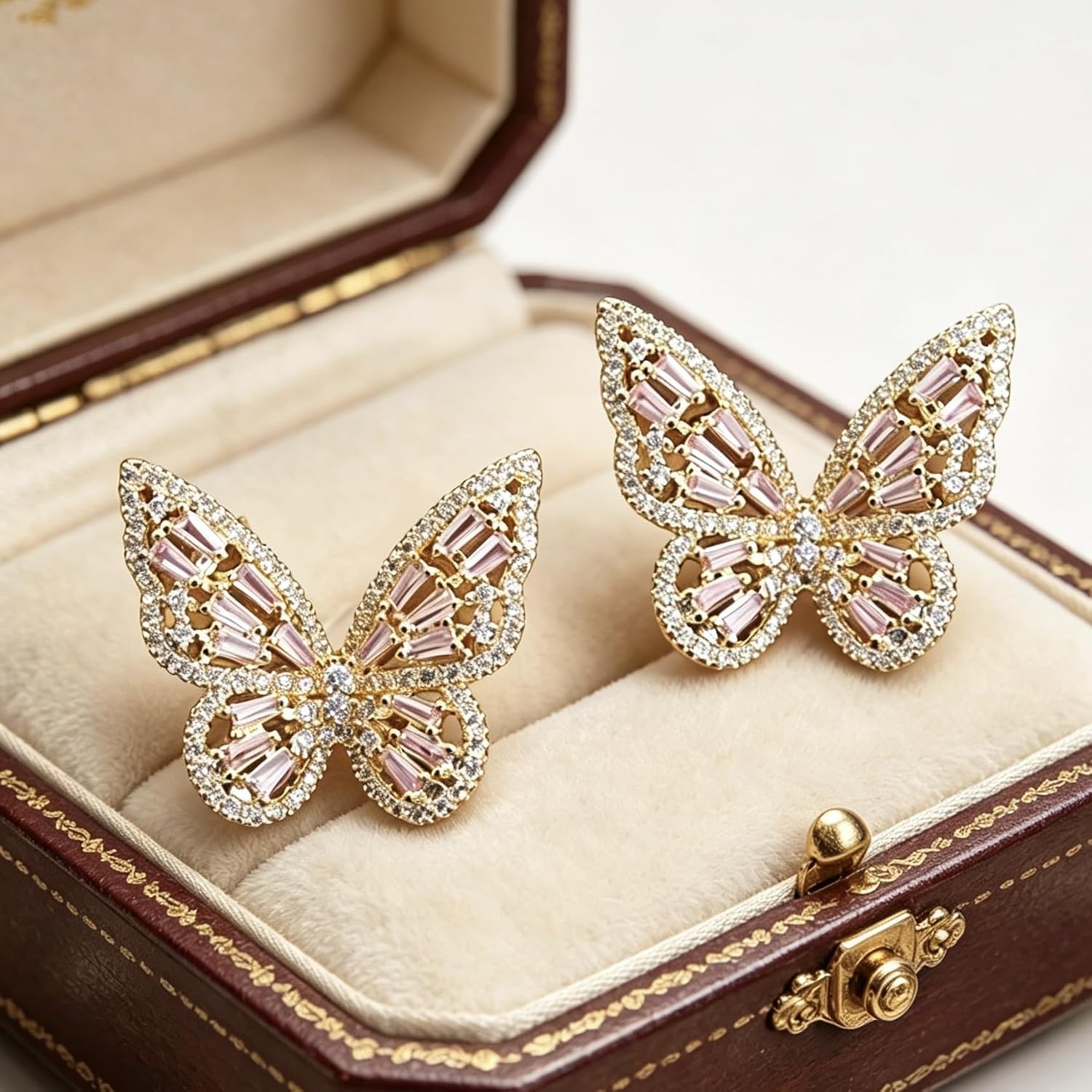 Butterfly Cutout Micro Pave Cubic Zirconia Drop Earrings for Women – Gold Plated Full Diamond Look Design, Elegant Statement Jewelry Gift for Her, Birthday Present for Wife, Best Friend or Sister image 3