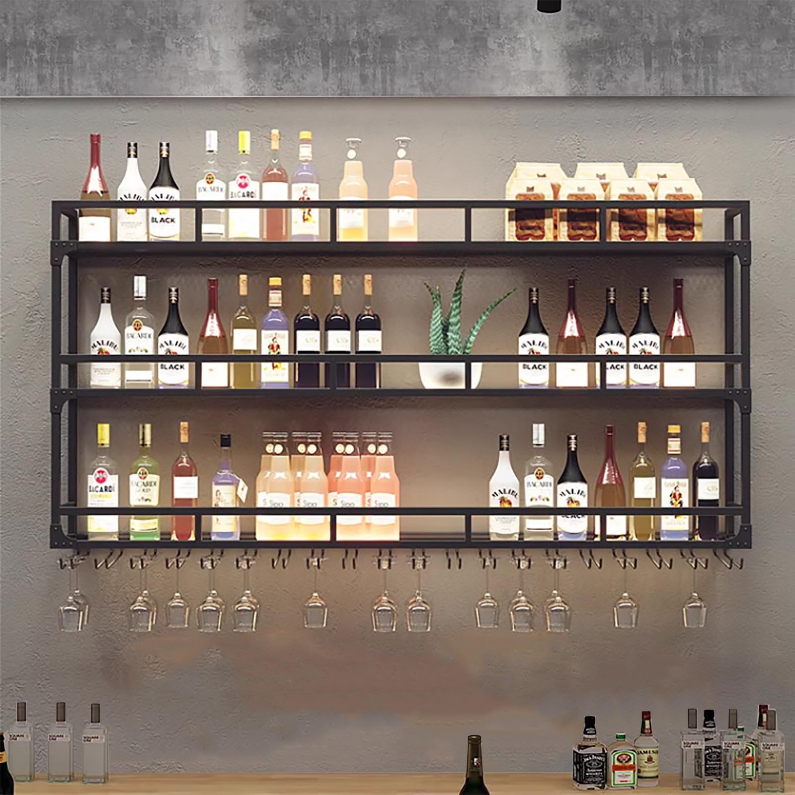 Casier à vin mural en métal avec supports à verres étagère flottante bar