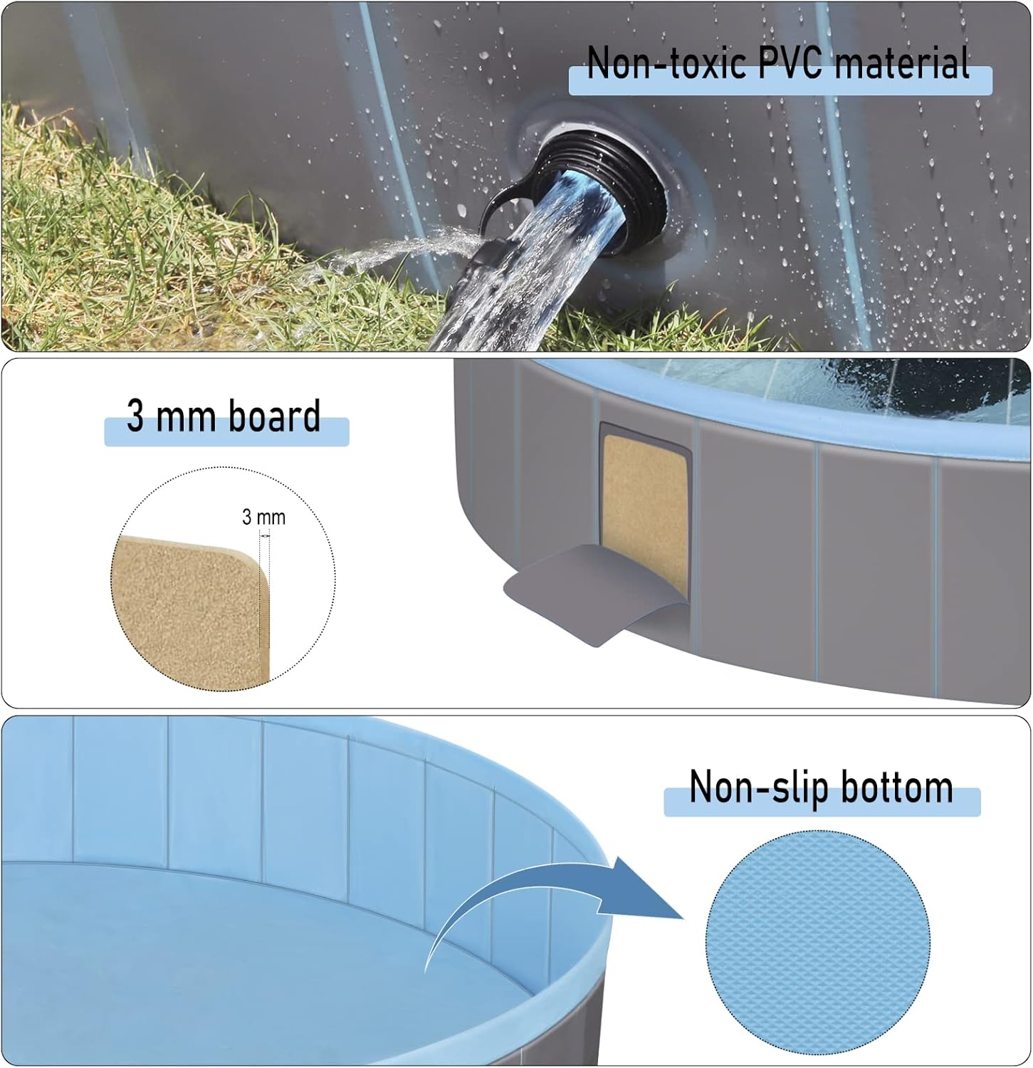 Close-up image showing the quick drainage port on the side of the EUGAD pet pool, with water flowing out.