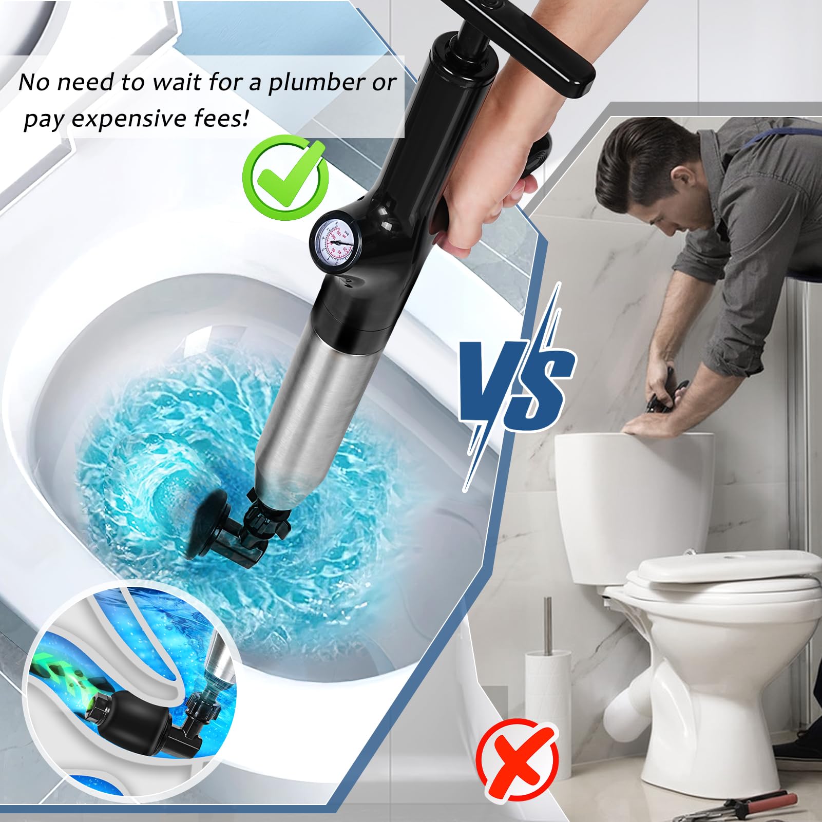 LINGSFIRE Toilet Plunger, 9 in 1 Drain Clog Remover Tools High Pressure Air Drain Blaster with Real-Time Barometer Powerful Drain Hair Remover for Bathroom, Kitchen, Floor Drain, Sewer, Toilet Clogged LINGSFIRE Toilet Plunger, 9 in 1 Drain Clog Remover Tools High Pressure Air Drain Blaster with Real-Time Barometer Powerful Drain Hair Remover for Bathroom, Kitchen, Floor Drain, Sewer, Toilet Clogged
