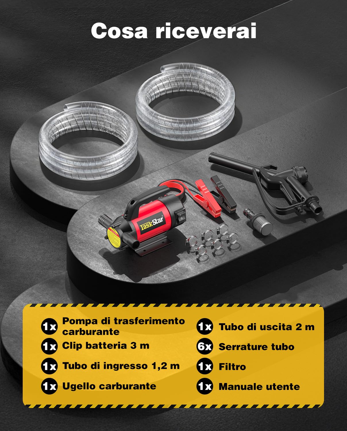 TaskStar Pompa Travaso Gasolio 12V: Portata 50 L/min, Pompa Elettrica Portatile con Pistola, Filtro e Tubi per Diesel, Biodiesel, Cherosene e Olio Combustibile – Per Casa, Fattoria e Cantiere