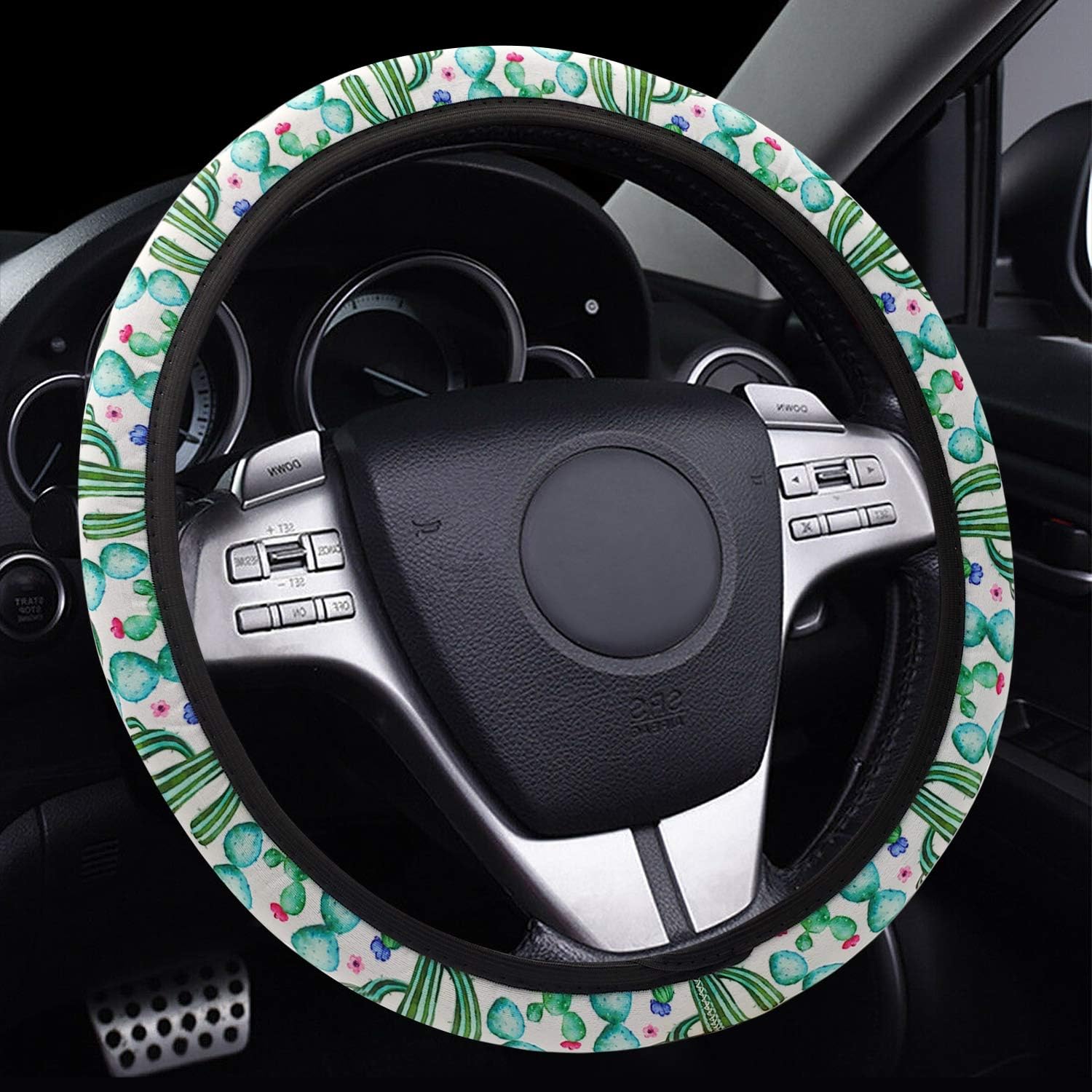 NICEASY Universal 15 inch Green Cactus Cloth Steering Wheel Cover for Women,Girls,with Nice Package
