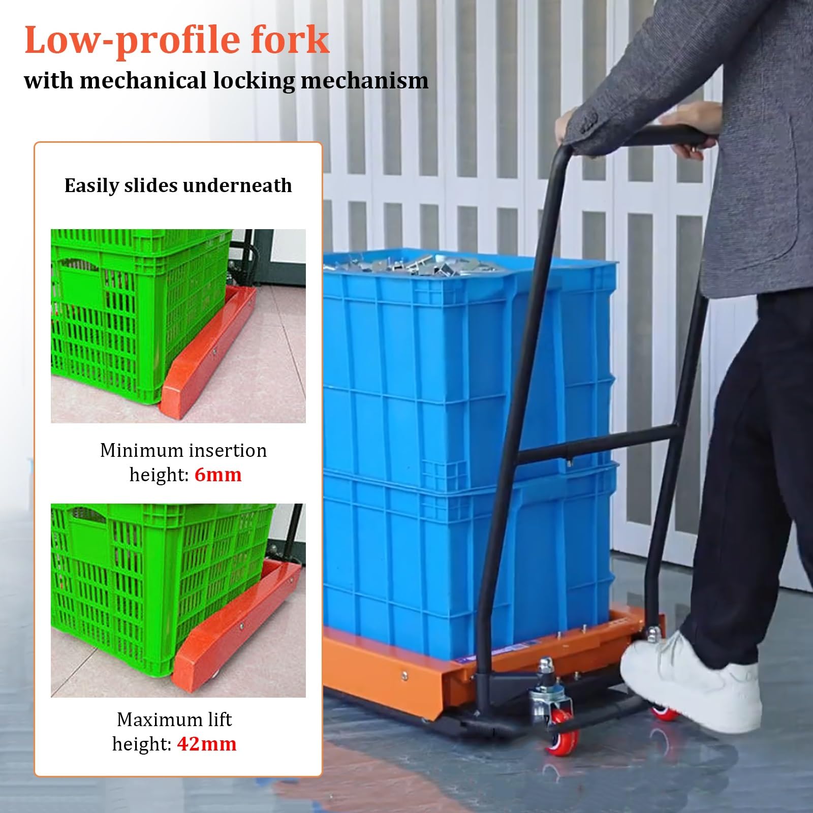 Carrello robusto e regolabile per casse e contenitori, portata 250 kg (550 libbre), carrello a forche ribassate con pedale di sollevamento, struttura in acciaio rinforzato(80CM)