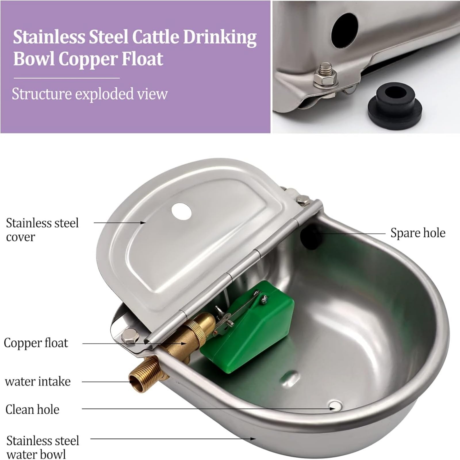 Bebedero para Caballos Automático Bebedero Perro Acero Inoxidable con VáLvula de Flotador de Latón Ajustable de 1/2" y Orificios de Drenaje para Ganado Caballo Vaca Cabra Oveja