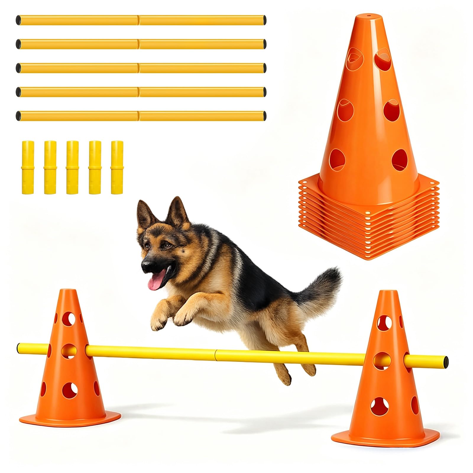 Agility Set Perros – 10 conos + 5 barras, 23 cm de altura, perro Cavaletti para entrenamiento de coordinación, juego de agilidad para perros versátil, también para paseos de caballos de
