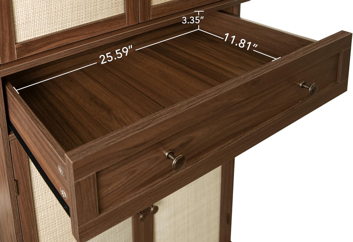 72.2” Tall Kitchen Pantry Cabinet with Rattan Doors, Walnut Freestanding Storage Hutch with 4 Adjustable Shelves and Drawer, Farmhouse Wood Cupboard for Dining Room & Living Room, 180° Hinges