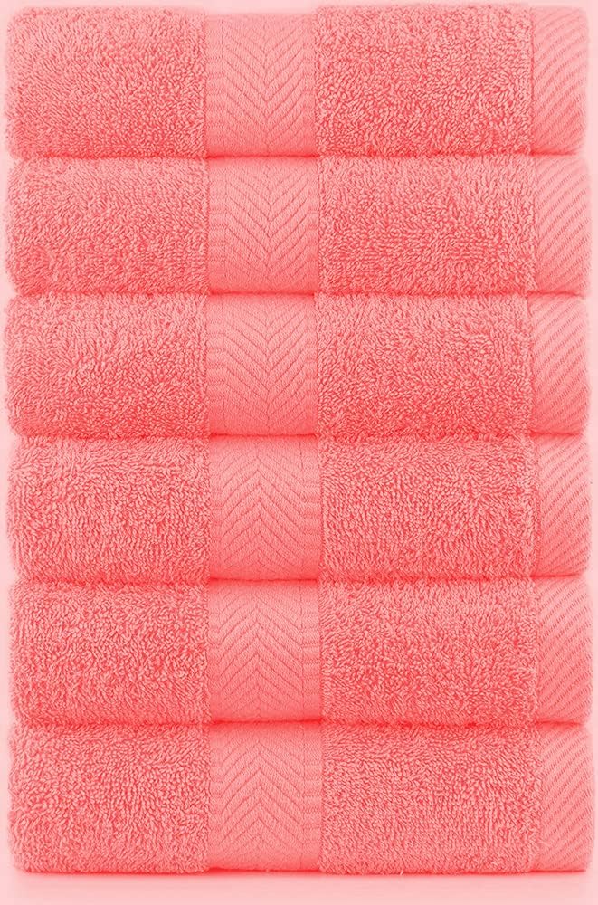 BY LORA Hand Towel Set Soft Cotton Water Absorbent Towel, Set of 6, Coral