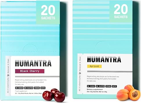 Humantra Electrolytes Powder - Black Cherry & Apricot Flavor, 40ct - Powdered Hydration Sachets - Plant-Based Electrolyte Powder with 6 Electrolytes - Vegan, Sugar Free, Gluten Free