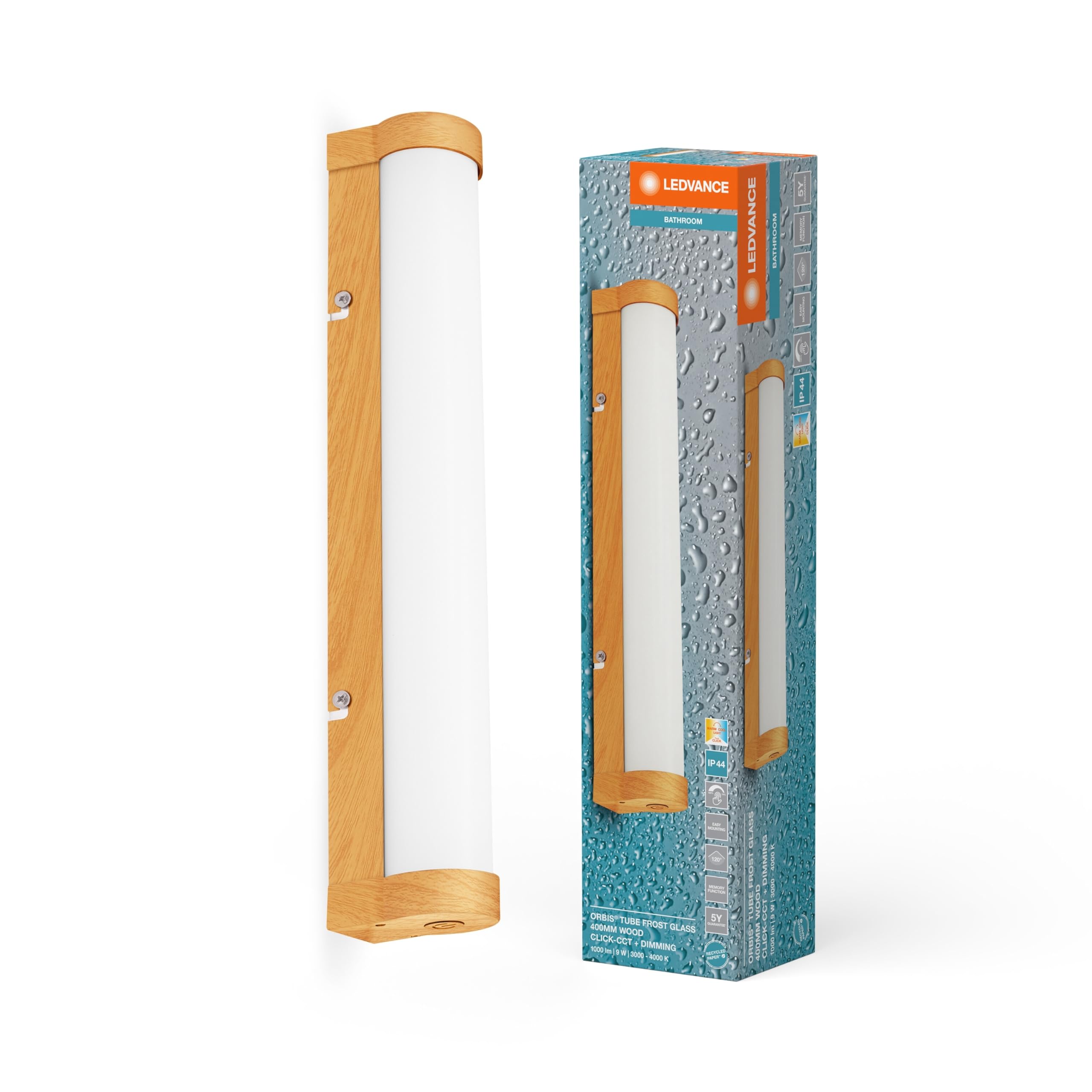 LEDVANCE Orbis Spiegel Tube with LED, Glas/Holzdekor gefrostetes, 9W, 900lm, dimmbar, 3000/4000K über Wandschalter einstellbar, 40 cm Durchmesser, IP44 Schutz VOR Fremdkörpern/Spritzwasser