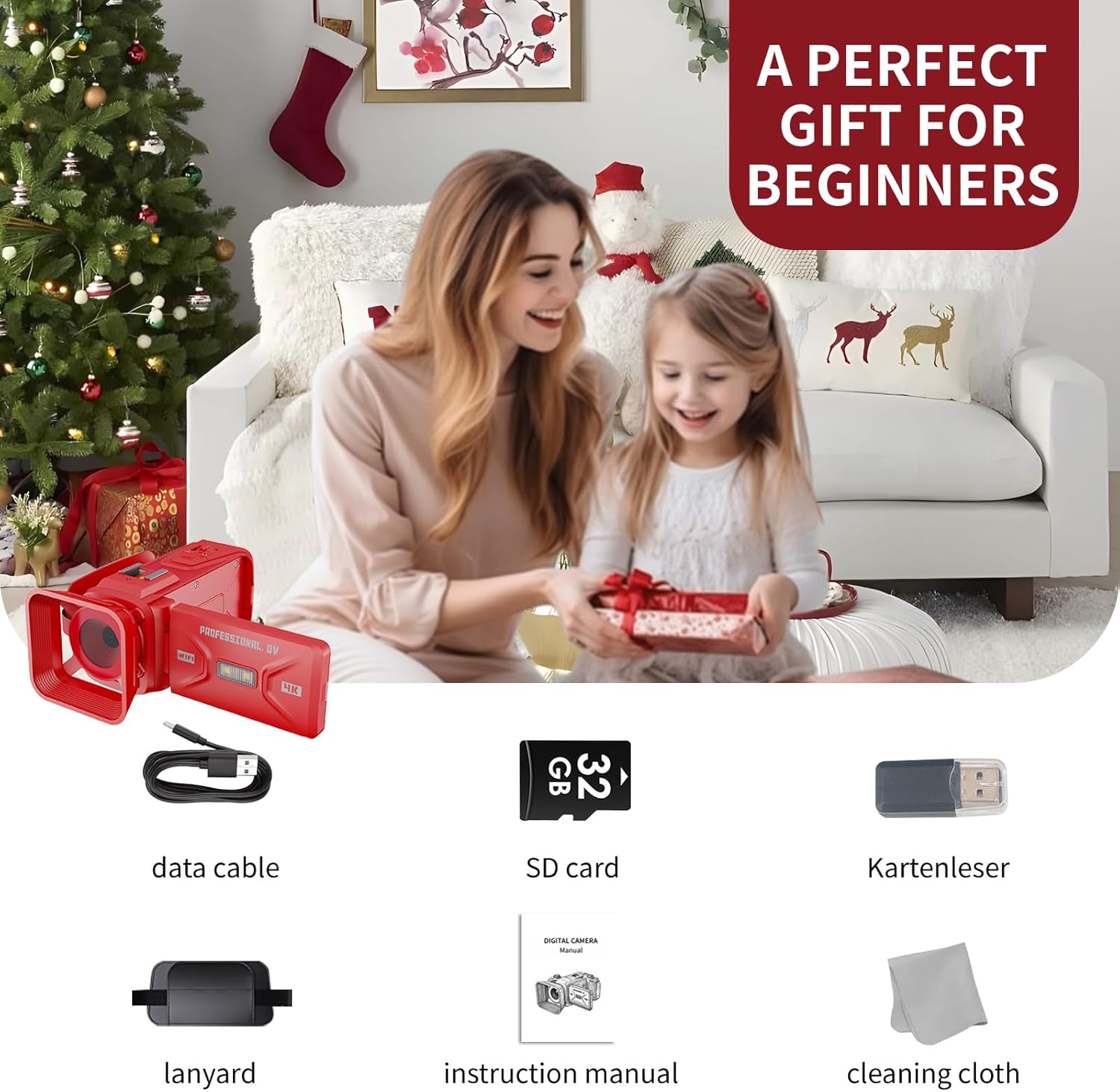 4K Video Camera Camcorder 64MP WiFi for YouTube Vlogging, 18X Digital Zoom 3" 270° Flip Screen, with 32GB SD Card & Card Reader, Built-in 2500mAh Battery (Red)