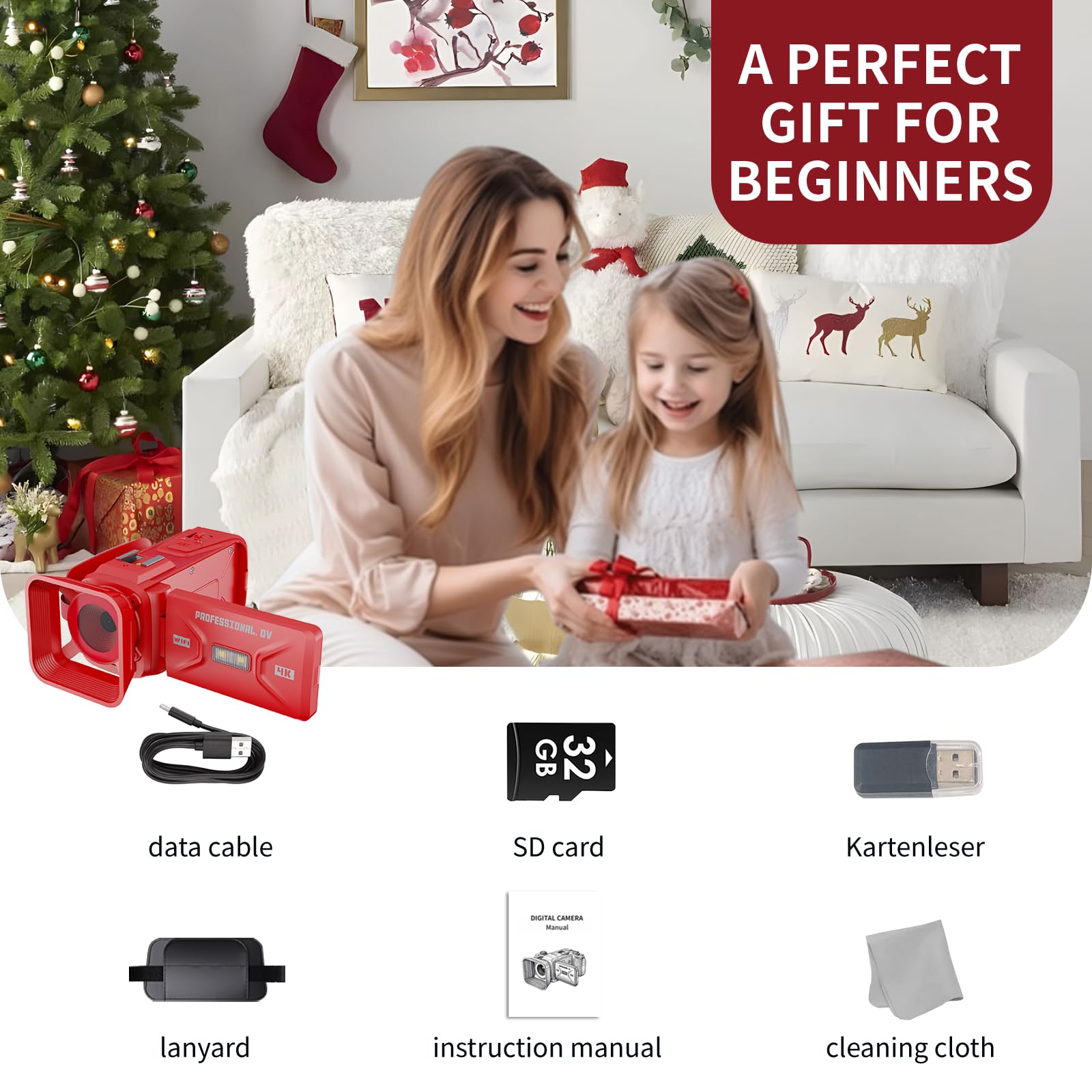 Videocamera 4K 64MP WiFi per YouTube Vlogging, zoom digitale 18X 3 pollici 270 ° Flip Screen, con scheda SD da 32 GB e lettore di schede, batteria integrata da 2500 mAh (rosso)
