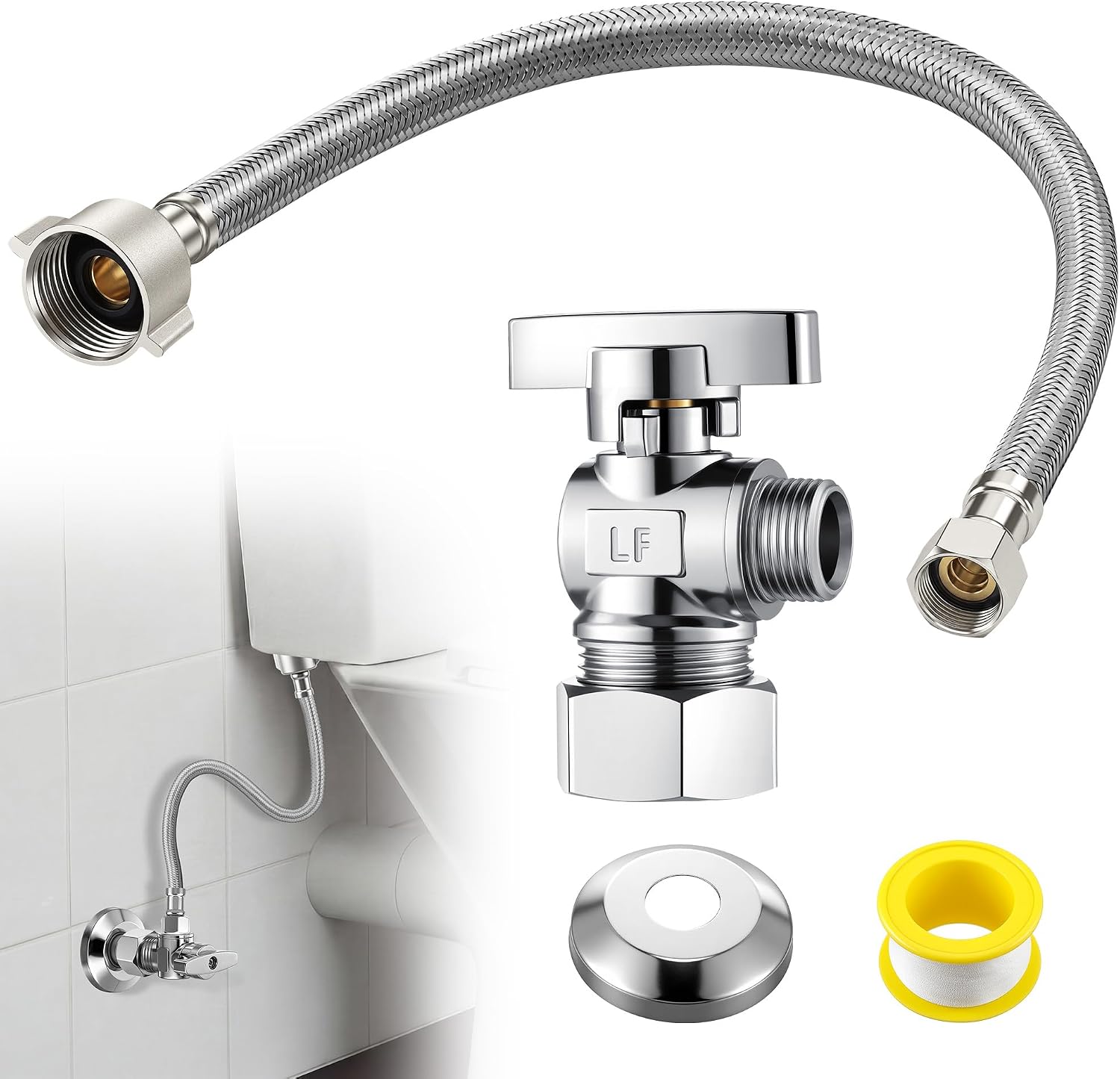 Enhon Toilet Set Valve, Toilets Connector Water Kits,12 Inch | with 3/8" COMP x 7/8" BC Stainless Steel Toilet Connector Hose, 1/2 in. NOM Inlet x 3/8 in. OD COMP Outlet Angle Shut Off