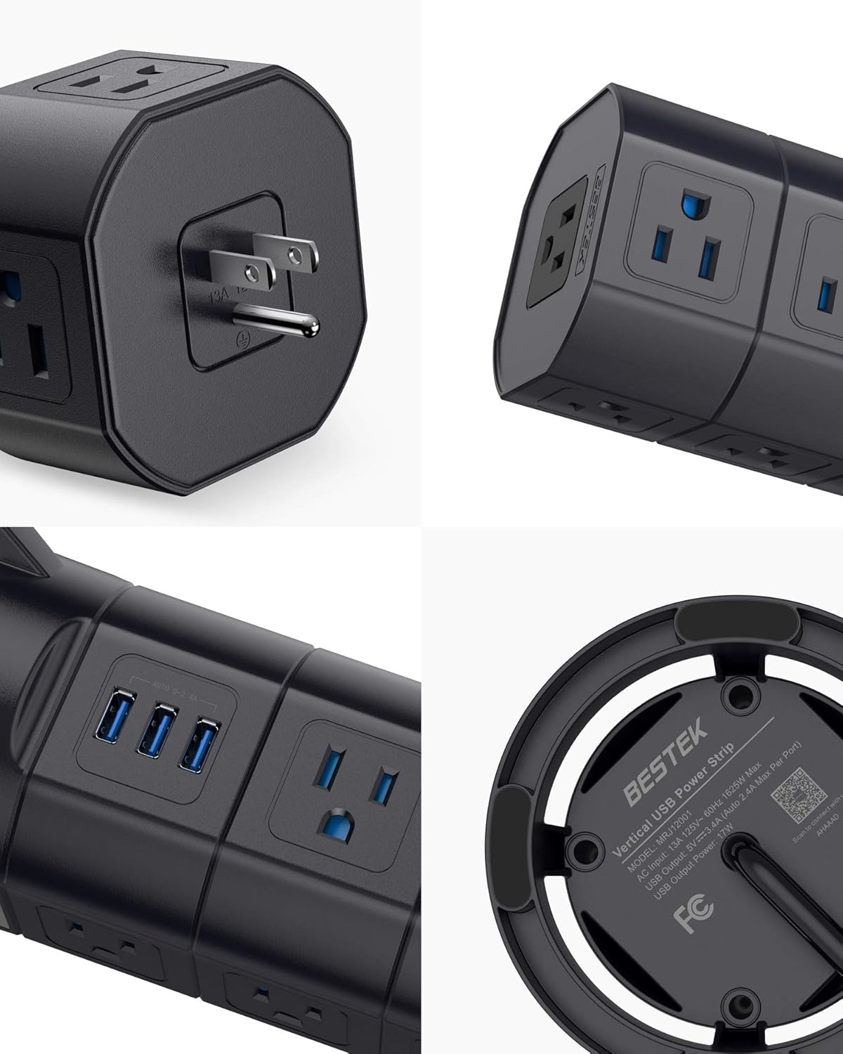 Review BESTEK 12 Outlets Power Strip Tower with 3 USB Ports Stackable Design Extend to 14 AC Outlets for PC Laptop Mobiles,6 Feet Extension Cord,Black