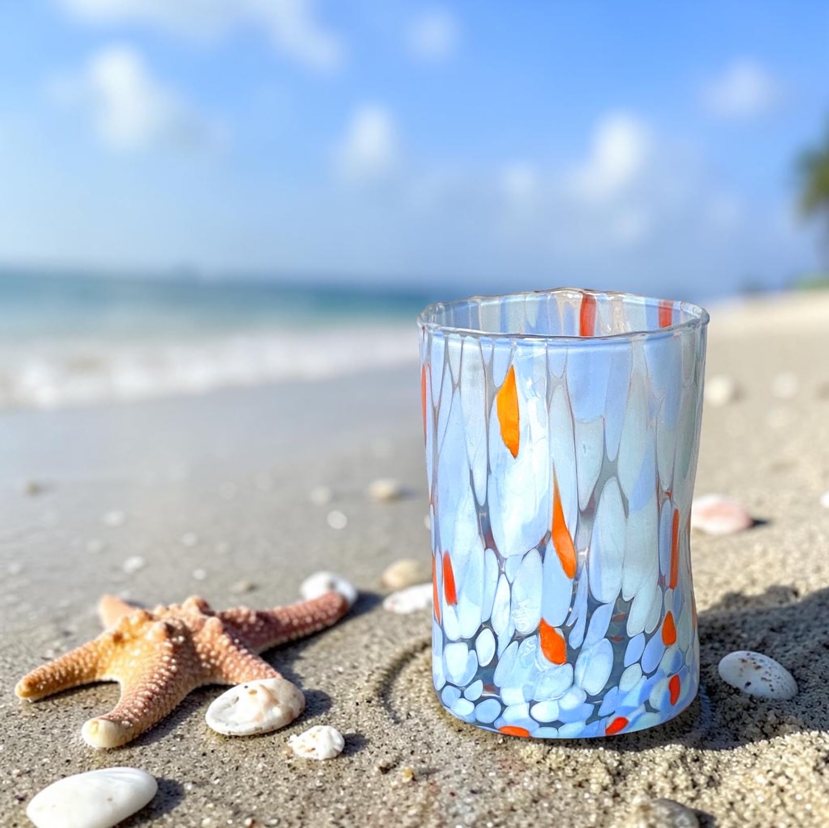 MAZZEGA ART & DESIGN - 6 Verres en Verre Soufflé à la Main, Fabriqués à la Main avec des Granules de Murano Colorés, pour Eau et Boissons Fraîches, 395 ml, 12 cm de haut. Livraison Droits Payés