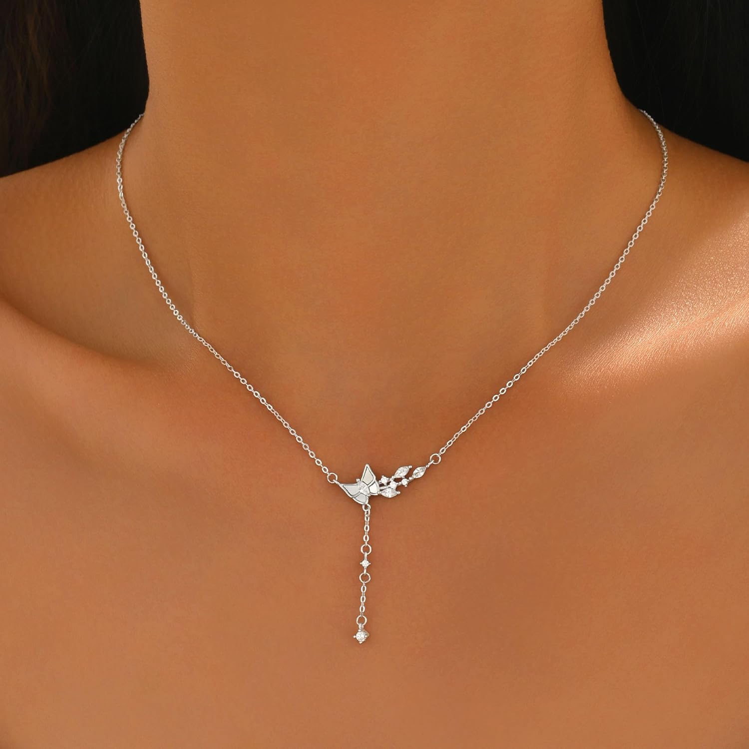 Cute Butterfly Necklace for Women Shell Zirconia Chain Dainty 925 Sterling Silver Tassel Pendant Necklace to Daughter Mom Trendy Elegant Charm Choker Birthday Valentine's Day Jewelry Gifts - Image 3