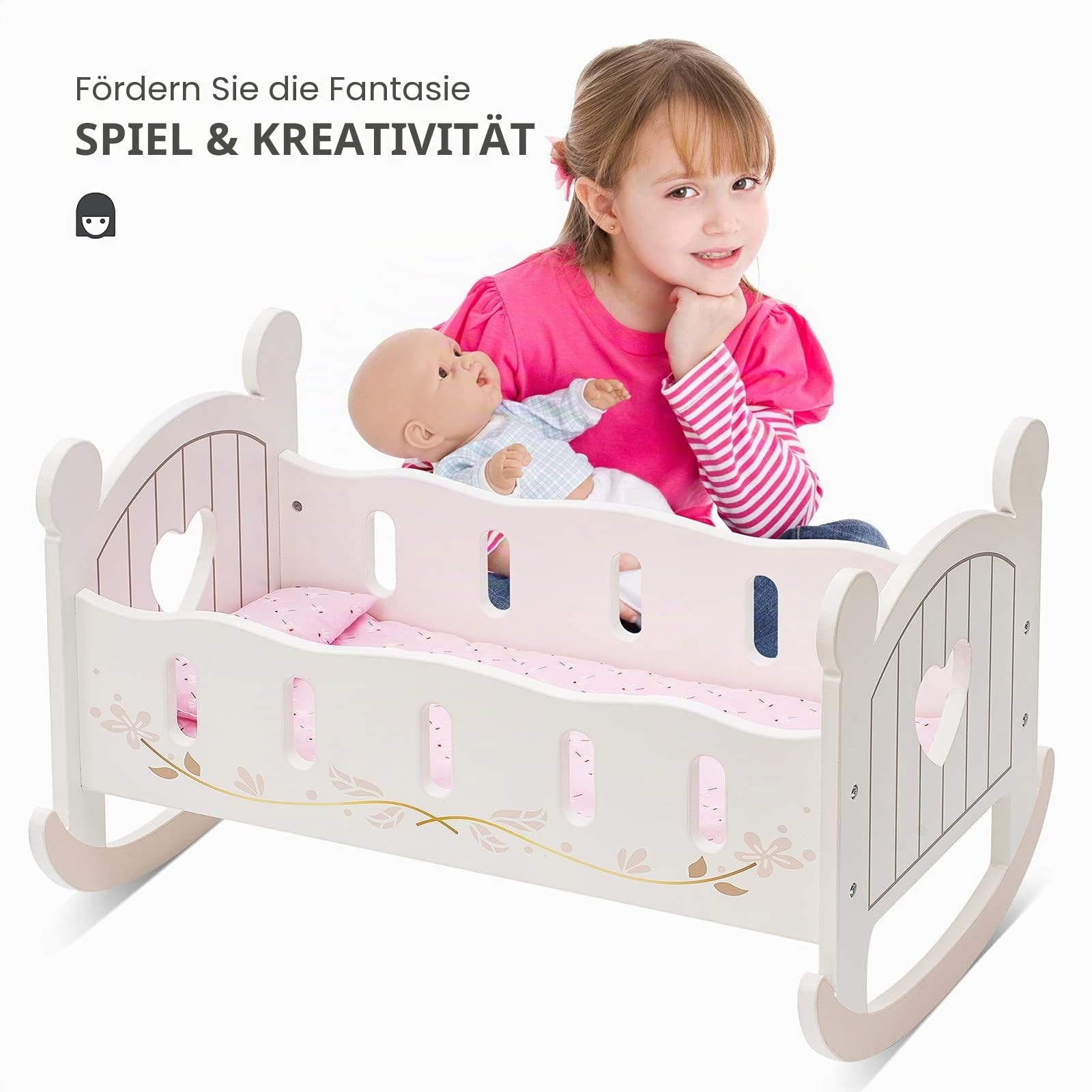 ROBUD Baby-Puppenbett aus Holz, Baby-Puppen-Bett-Spielzeug, passend für bis zu 45,7 cm große Puppenzubehör