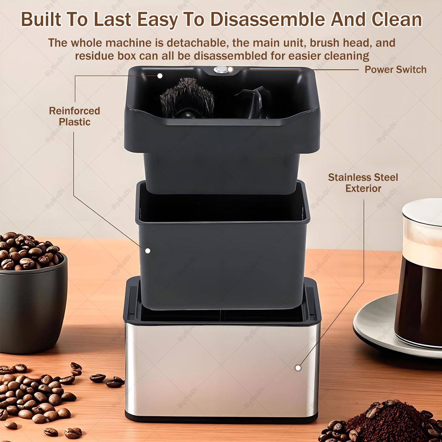 Pulitore per portafiltro elettrico, macchina automatica per la pulizia del portafiltro, con 3 raschietti e 2 testine per spazzole, 3 l, 300 giri/min per portafiltri da caffè da 51 mm e 58 mm Silver
