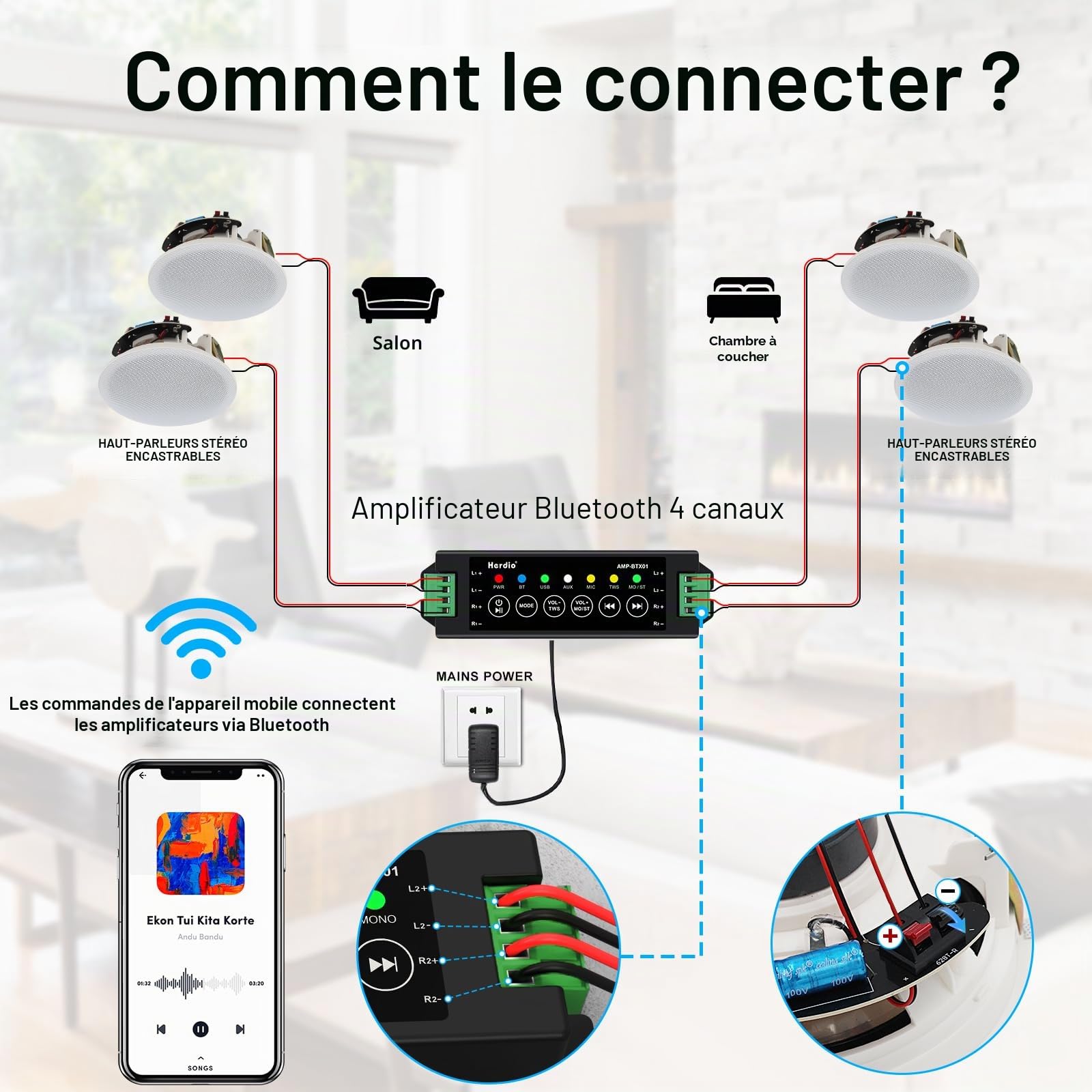 Herdio Enceintes Plafond Bluetooth 600 Watts 6,5 Pouces 4 Haut-parleurs