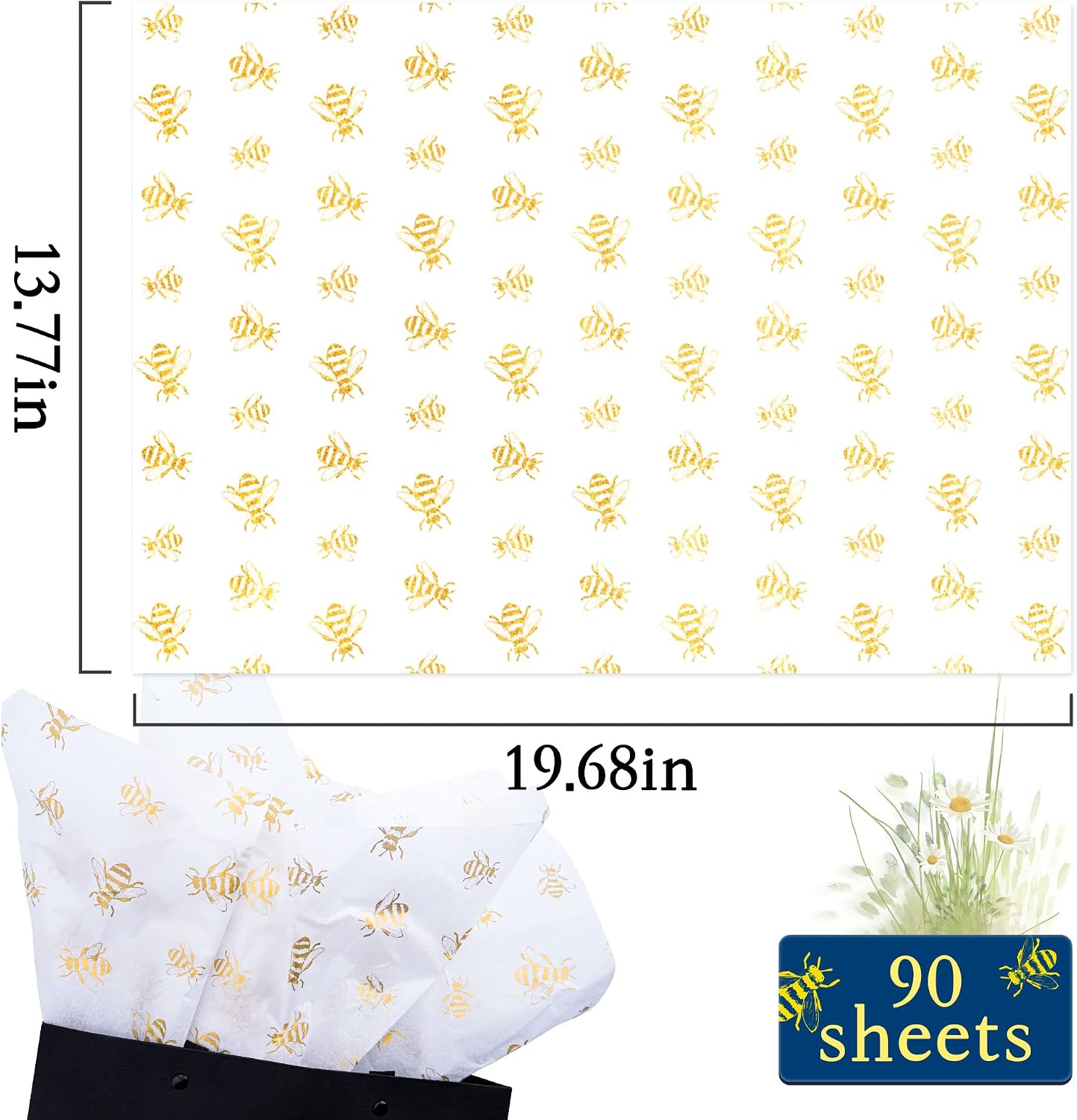 MR FIVE 90 Sheets White with Gold Bee Tissue Paper Bulk,20" x 14",Bees Design Tissue Paper for Gift Bags,Bee-Themed Occasions
