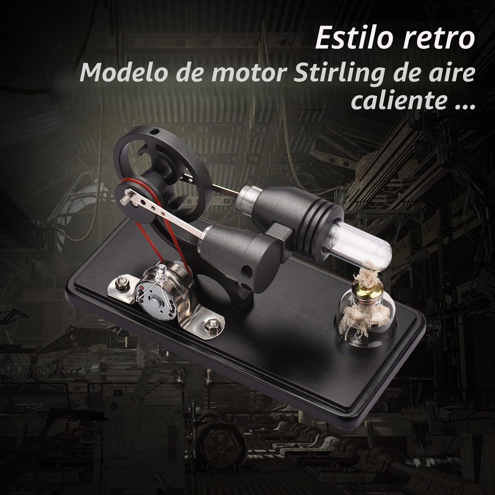 Bisofice - modelo de motor Stirling de aire caliente con luz LED, diseño de volante de inercia, experimentación científica, educativo DIY para profesores y adultos, negro
