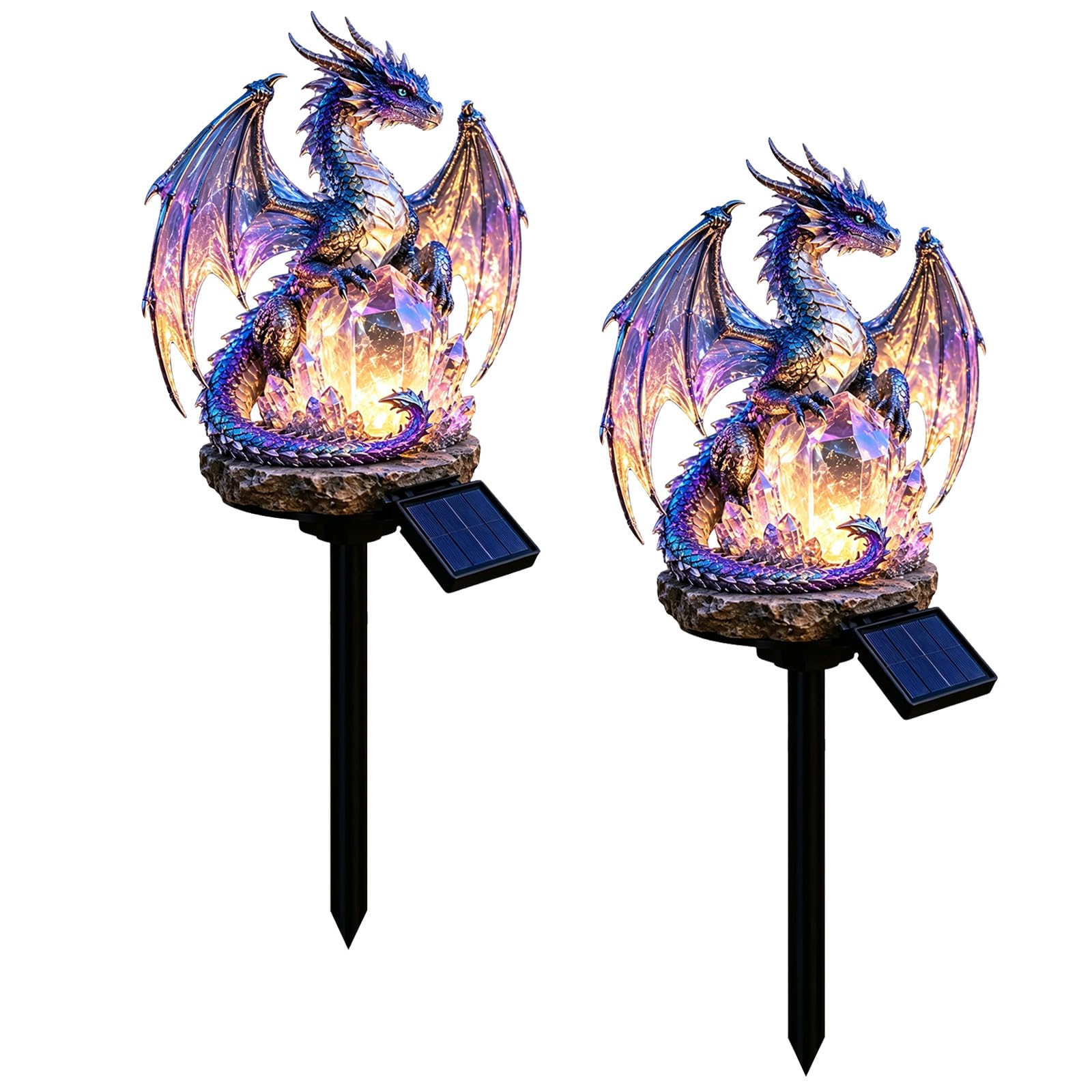 Solar Dragon Garden Statue with Solar LED Lights, Dragon Solar Lights Outdoor Garden, Fantasy Gift for Dragon Lovers, Solar Powered, Outdoor Lawn Patio Pathway Decor, Yard Ornament, 2PCS