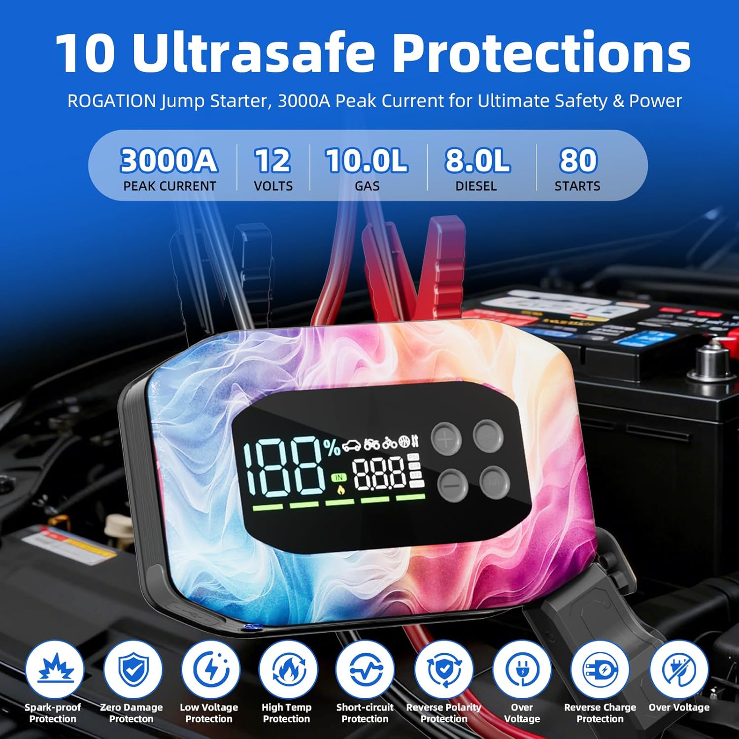2000A Jump Starter with Air Compressor, Portable Car Battery Jump Starter, 12V Booster for Gas/Diesel Engines, 150PSI Tire Inflator 10000ma/h 33W Bidirectional Fast Charging Power Bank-Black