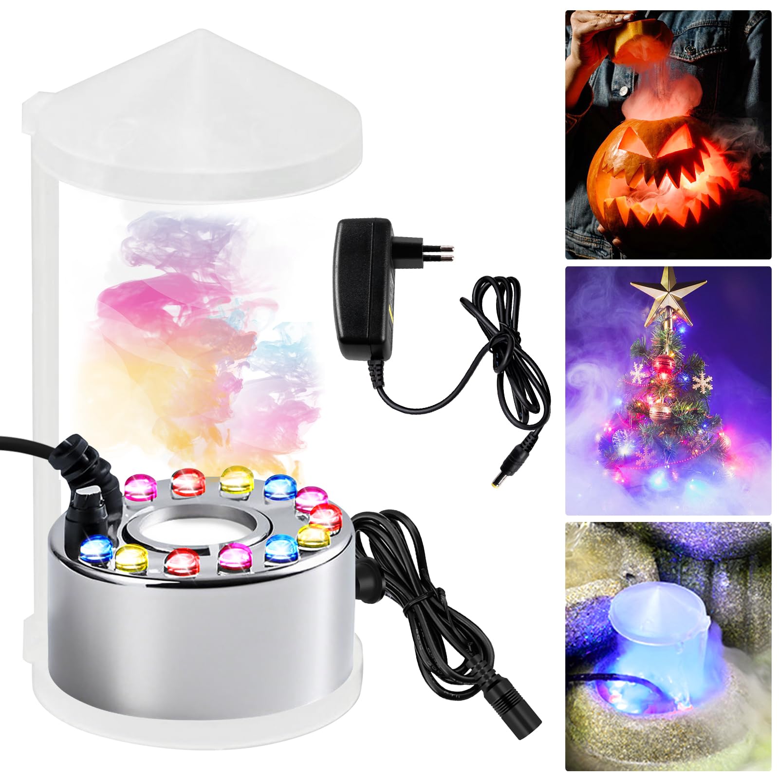 PORFOYO Nebulizzatore ad Ultrasuoni, 12 LED Nebulizzatore a Ultrasuoni, Mist Maker Fogger, Nebulizzatore Fontana, Nebulizzatore Halloween con Paraspruzzi Rimovibile per Interni o Esterni Halloween