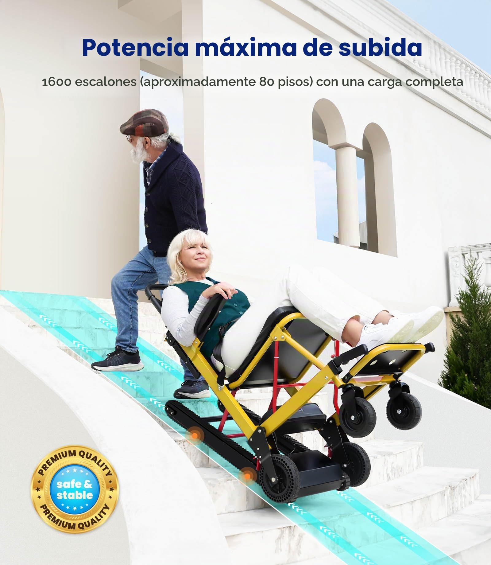 VOCIC AY04 Silla de ruedas eléctrica para subir escaleras, 220 kg | Alta capacidad de carga, con cadena de goma, para personas mayores, con luz LED (amarillo)