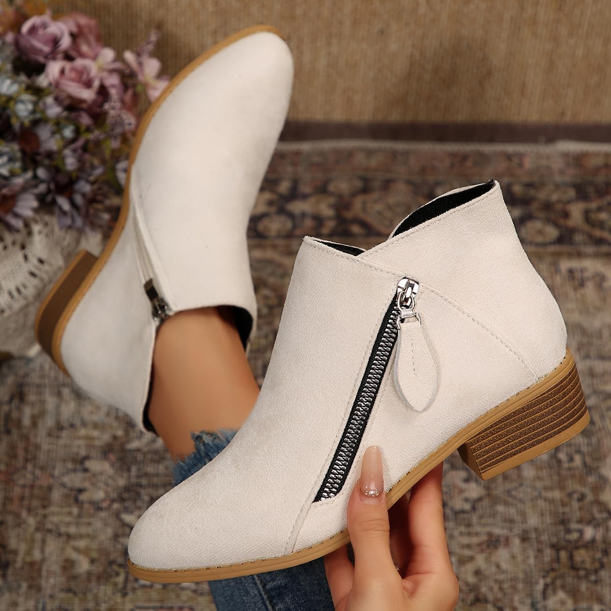 Women's Comfort Walking Ankle Boots - Low Heel Zipper Closure Orthopedic Arch Support Booties, Pointed Toe Chunky Low Heel Suede Booties