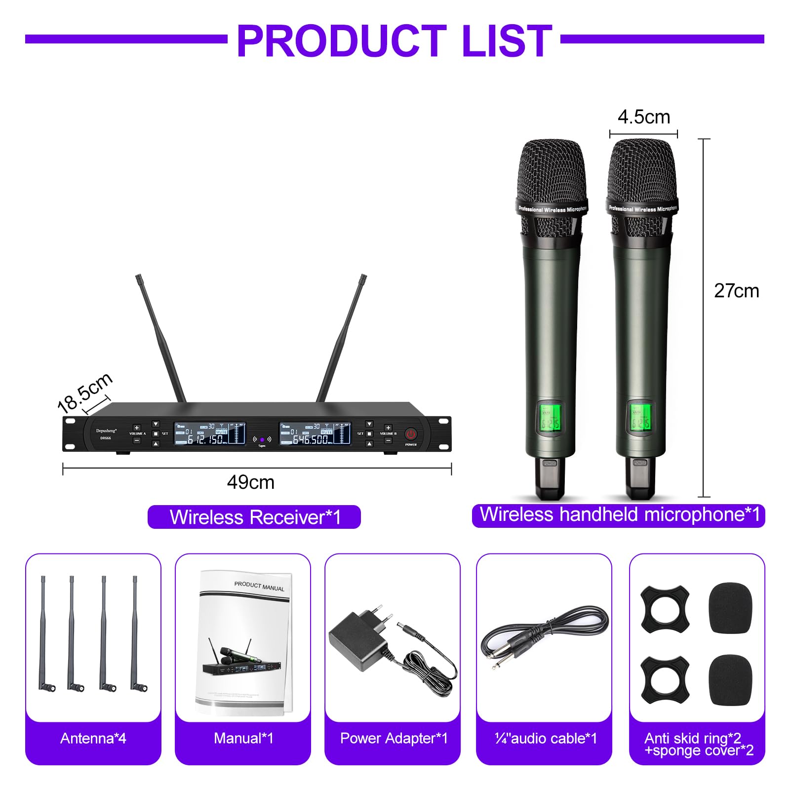 Depusheng DR666 Microfono wireless professionale Karaoke Doppio microfono senza fili palmare, scocca in metallo, ricezione a lunga distanza 100 metri, dedicato per il palcoscenico del bar