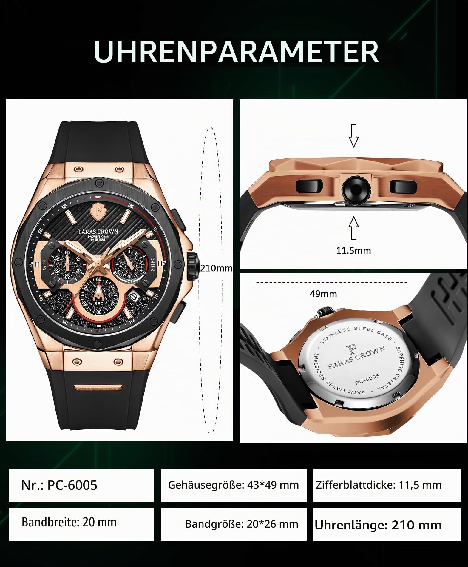 PC PARAS CROWN Uhren Herren mit Japanischem Uhrwerk 5ATM Chronograph Quarzuhr Edelstahl Tonneau-Gehäuse Herren Uhr mit Silikonarmband