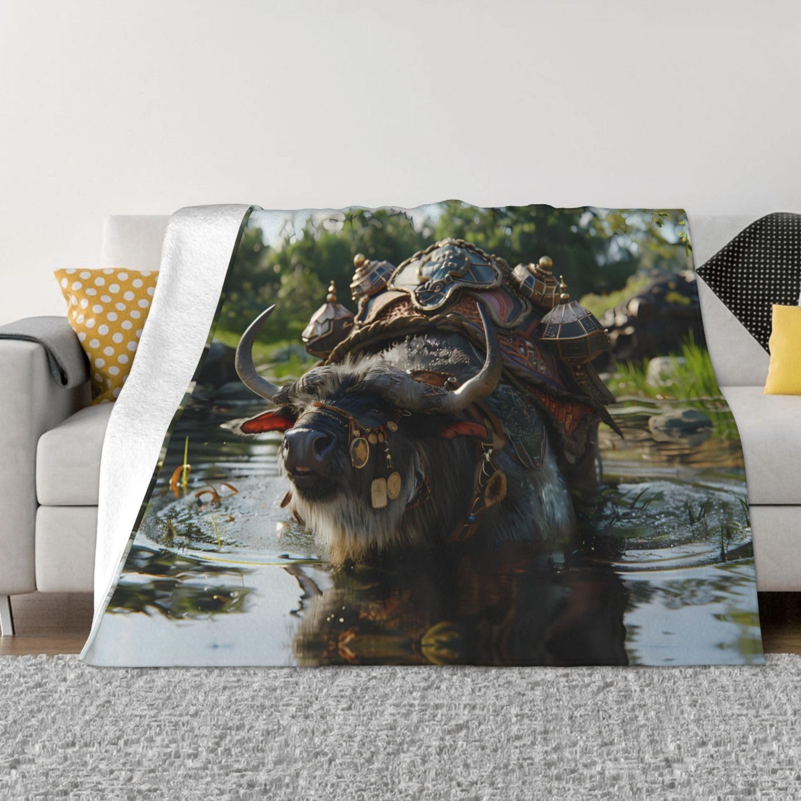 Couverture en flanelle motif buffle PHAYAH Armor 203x152 cm pour lit et canapé