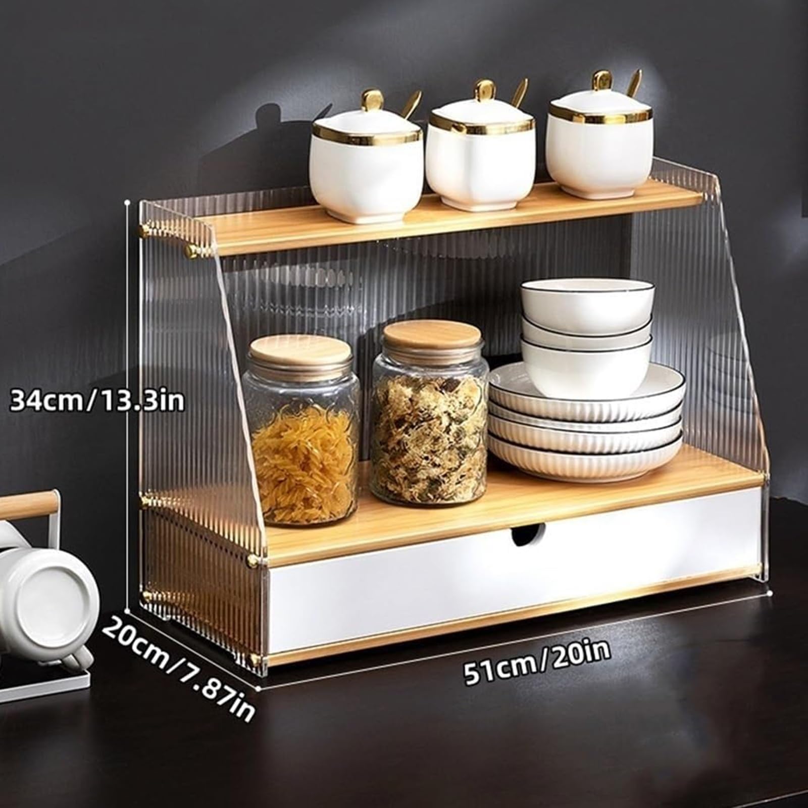 2-stöckiger Acryl-Kaffee-Bar-Organizer für Arbeitsplatte, multifunktionales Küchenregal für Tee, Kaffee, Zubehör und Gewürze, 34 cm