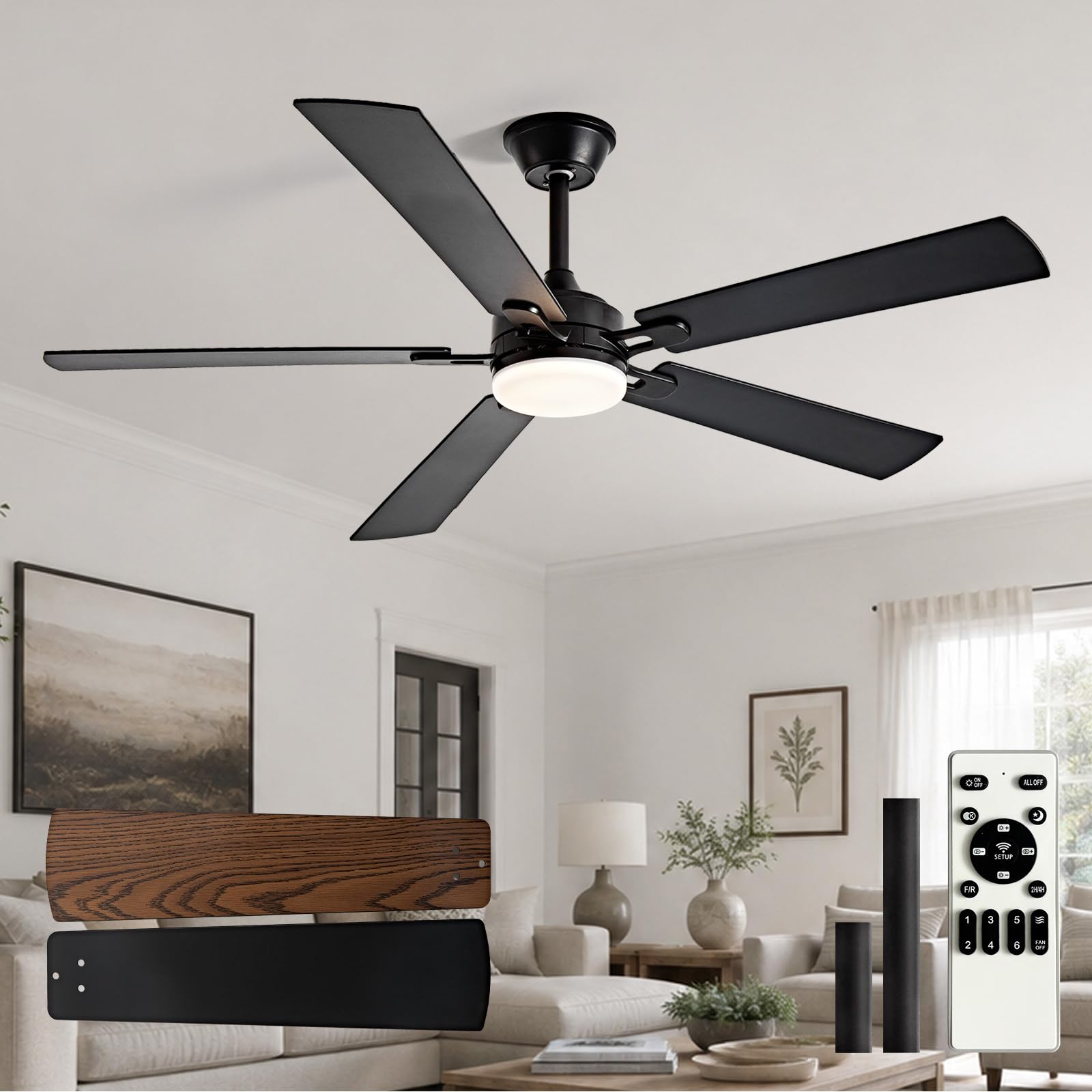 Depuley 60-inch Ceiling Fan with Light: Black Ceiling Fan for Living Room Indoor - Modern Ceiling Fan with Remote Control 3CCT Dimmable Noiseless 5 Reversible Walnut Blades 6 Speeds Timer