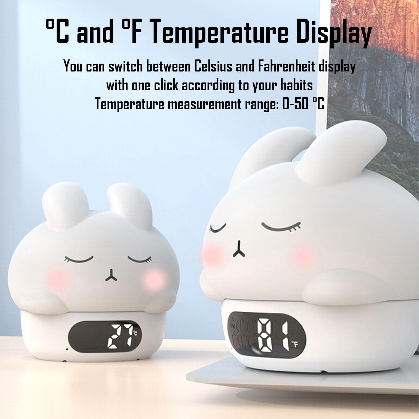 Cute Bunny - Luz nocturna recargable RGB, pantalla de silicona suave, reloj LED de brillo ajustable, fecha, alarma, termómetro, temporizador, control de grifo, lámpara de dormitorio, regalo para niñas