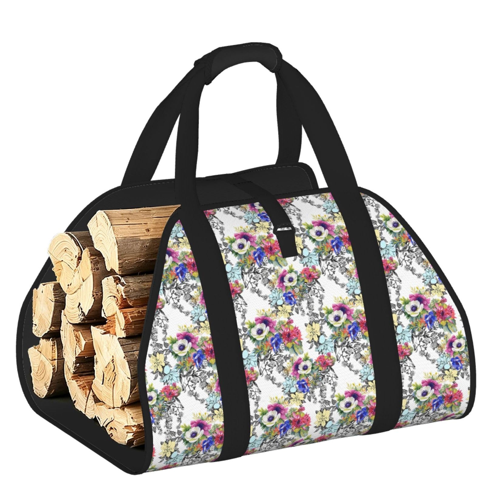 Ayyqwe Black Garden Blossoming Wildflowers Birds Leaves Branches Print Firewood Bag Wood Waterproof Versatile Camping Picnic Storage Daily Home