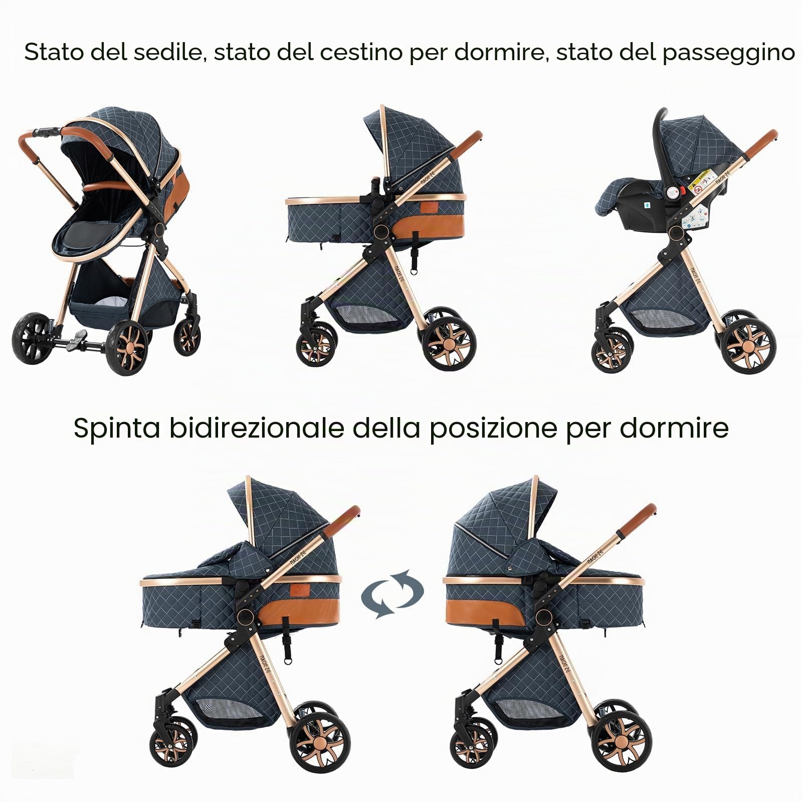 MoLi Passeggino Trio, Passeggino 3 in 1 con Doppia Modalità Push Reversibile, Trio Neonati con Grande Navicella, Carrozzina per Neonati in Alluminio Pieghevole (225 Chocolate)