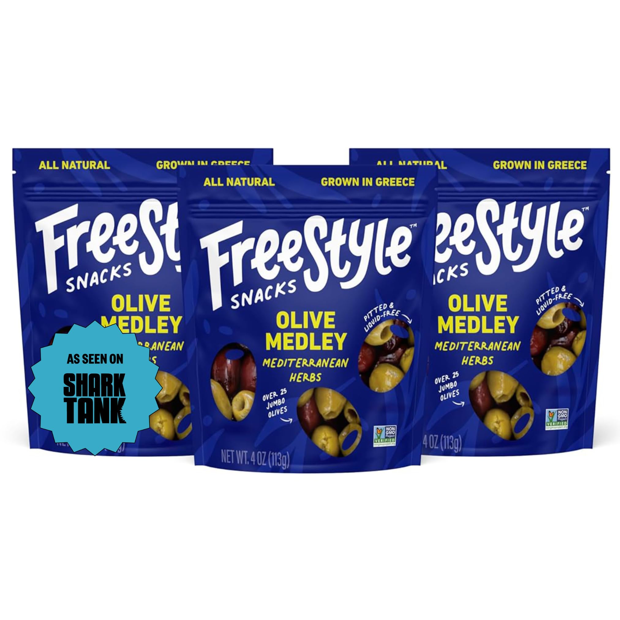 Olive Snack Packs - As Seen on Shark Tank - Fresh Pitted Green & Kalamata Olives, Jumbo-Sized, Grown in Greece, All Natural, Non-GMO, Sugar-Free - Mediterranean Herb, 4oz (3 Pack)