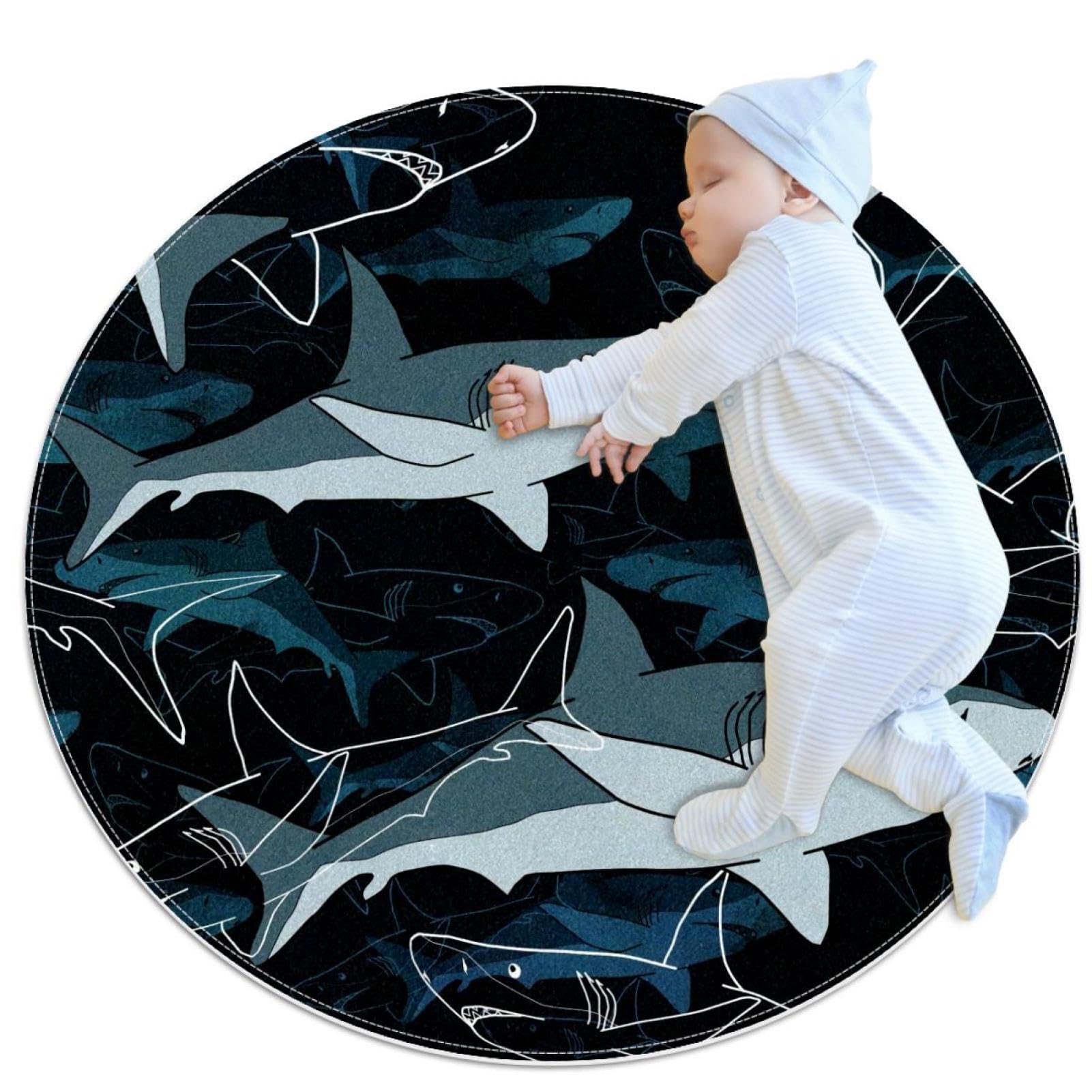 Tapis de chambre d'enfant rond motif requin 1m pour créer un espace de jeu chaleureux