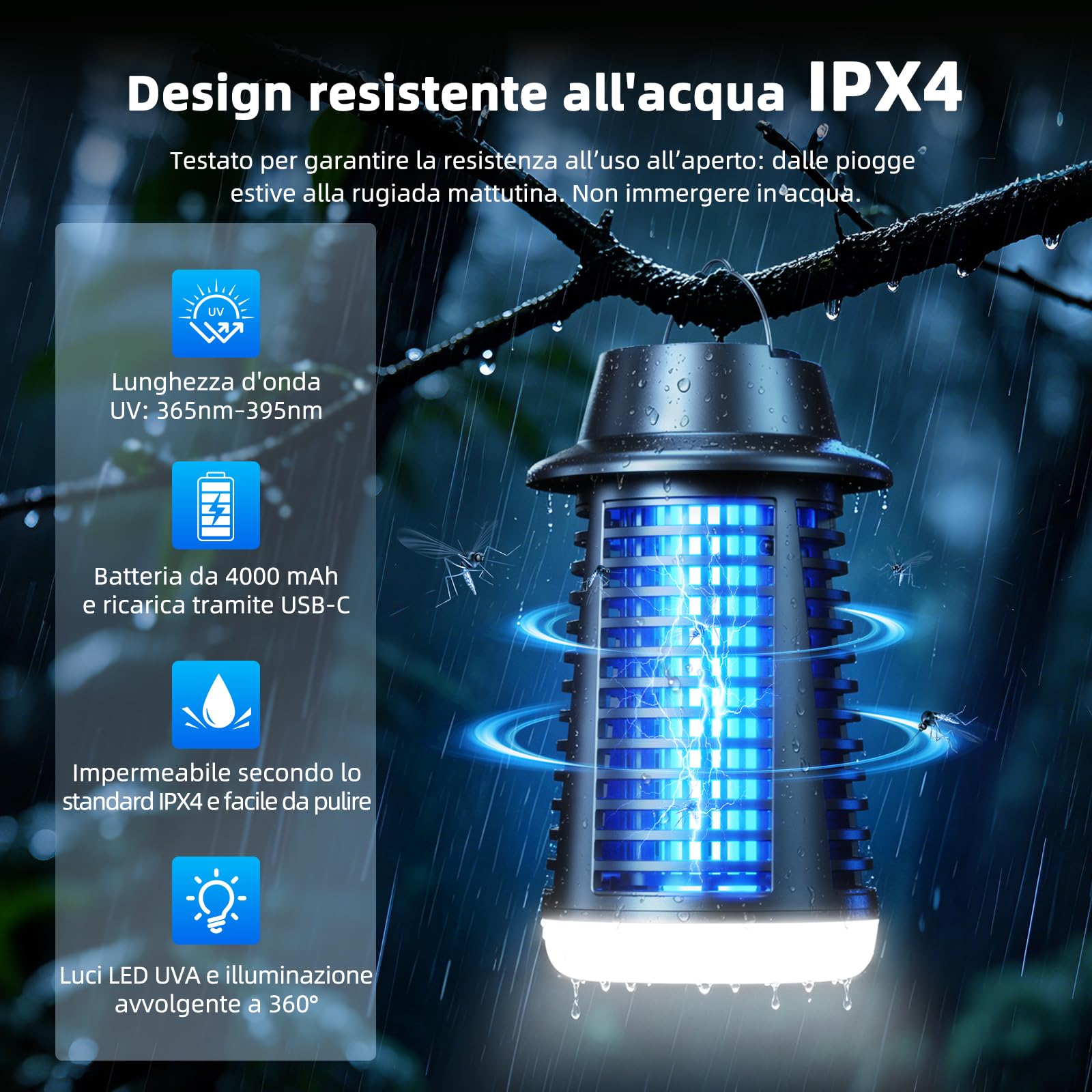 Lampada Antizanzare, Lampada per Zanzare 4250V con Tenuta IPX4, Luce UV 20W e Illuminazione a LED, Ammazza Zanzare Elettrico per Camera da Letto Interni Terrazza Giardino sul Retro