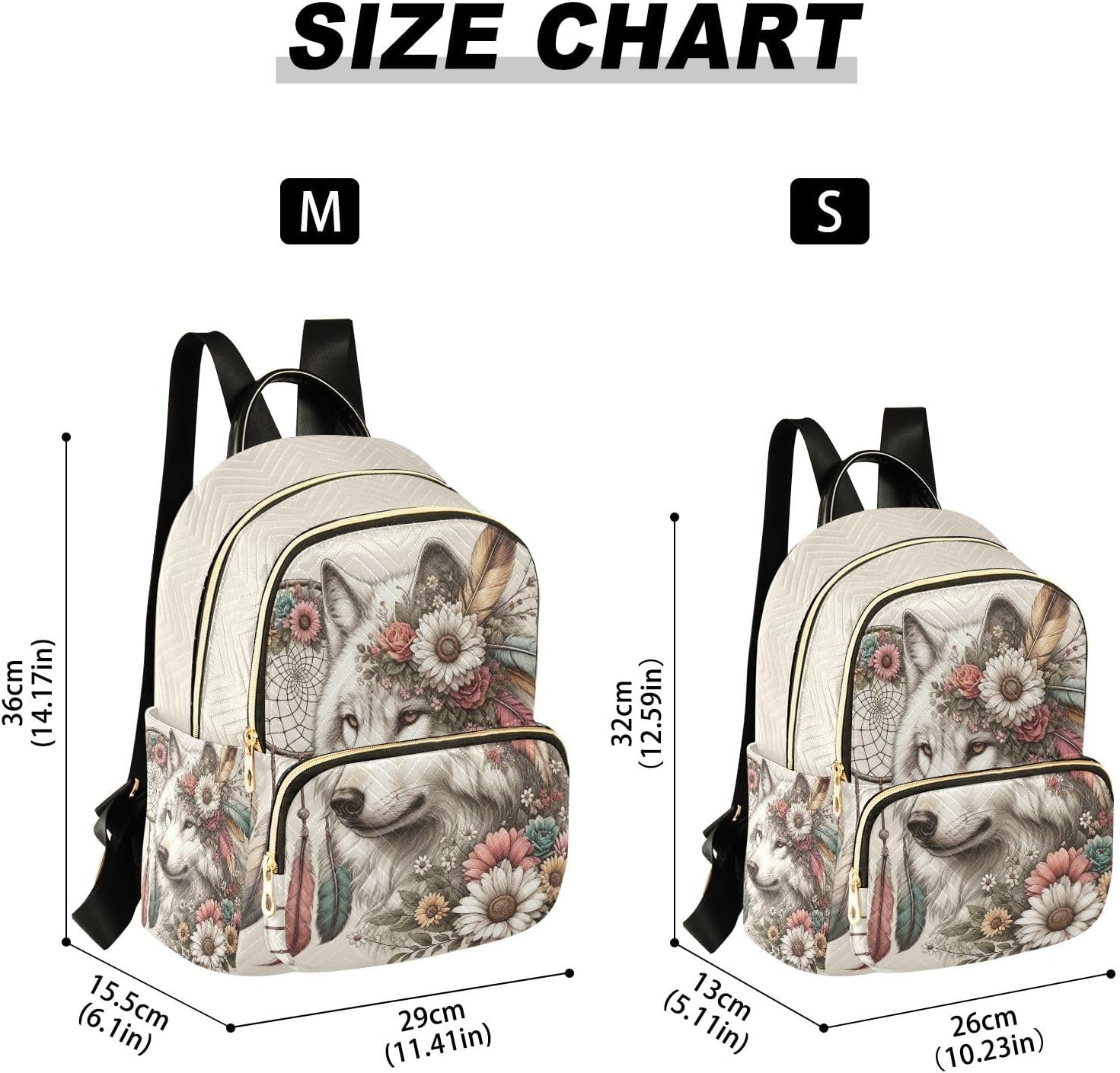 senya Wolf Women Fashion Backpack Purse Flower Dreamcatcher Wolf Backpack Casual Lightweight Travel Shoulder Bag