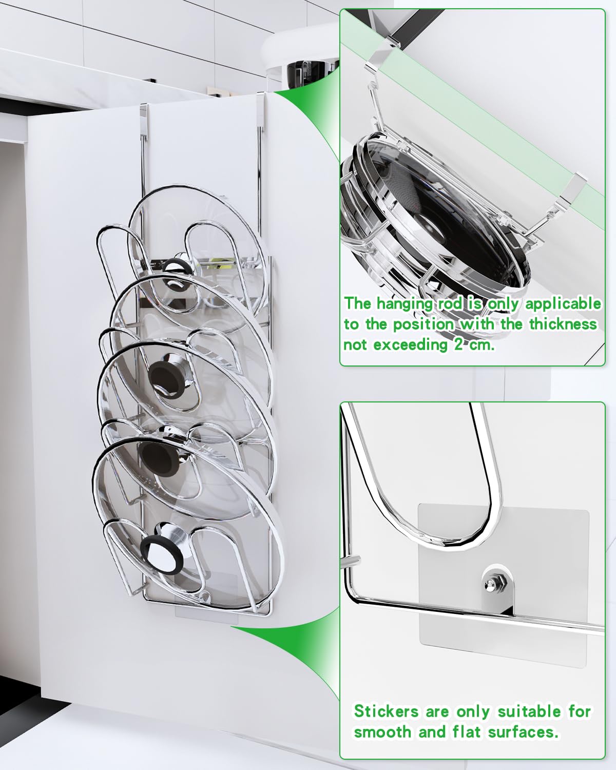 Organizador de tapa de olla de 4 niveles, organizador de tapa de puerta de armario, soporte de tapa de puerta para almacenamiento de tapas de cocina, acero inoxidable resistente y duradero, para