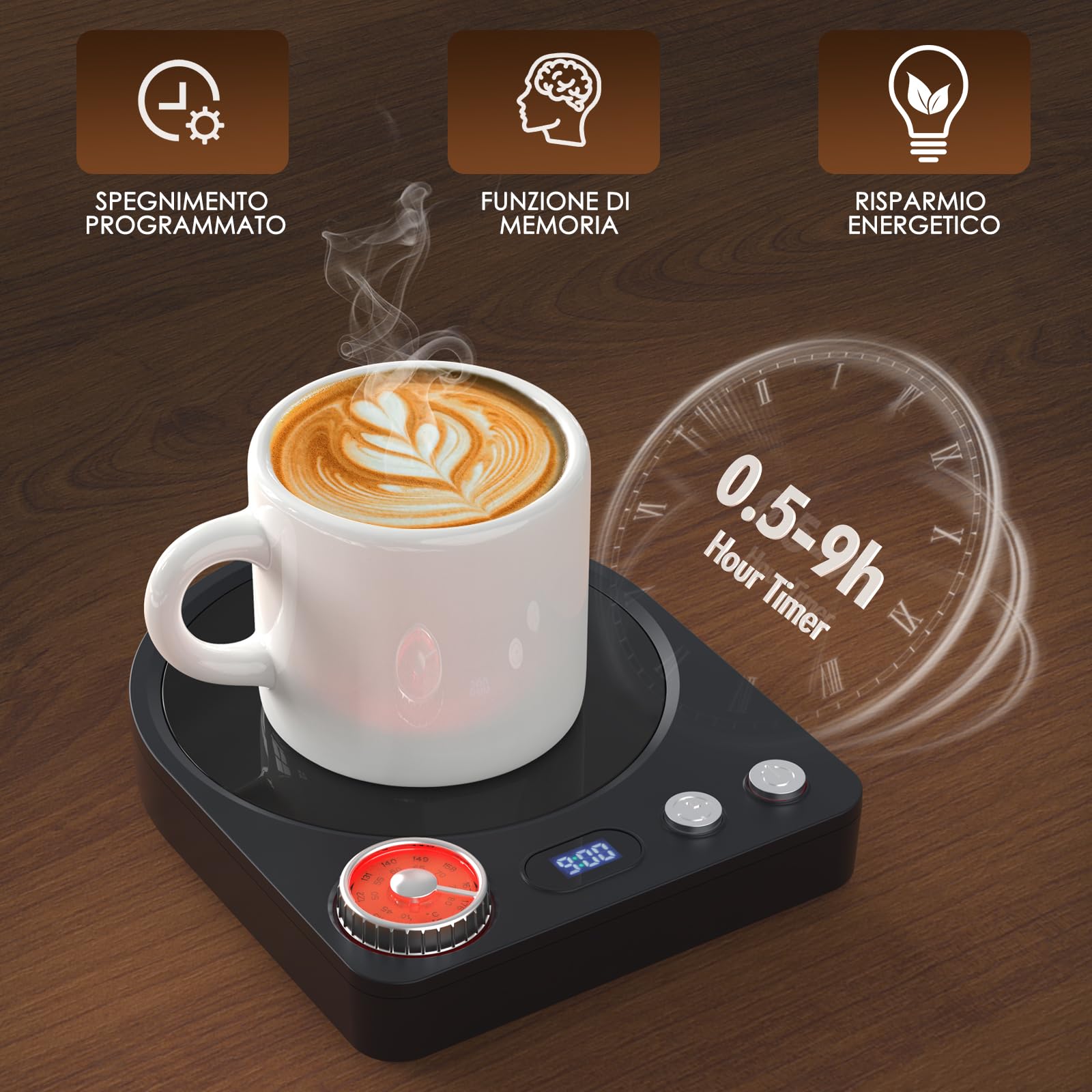 Scaldacaffè aggiornato Scalda Bevande Scalda Latte, Tè con con 9 impostazioni di temperatura-0.5-9H Spegnimento Automatico, Scalda Caffè per Ufficio, Casa