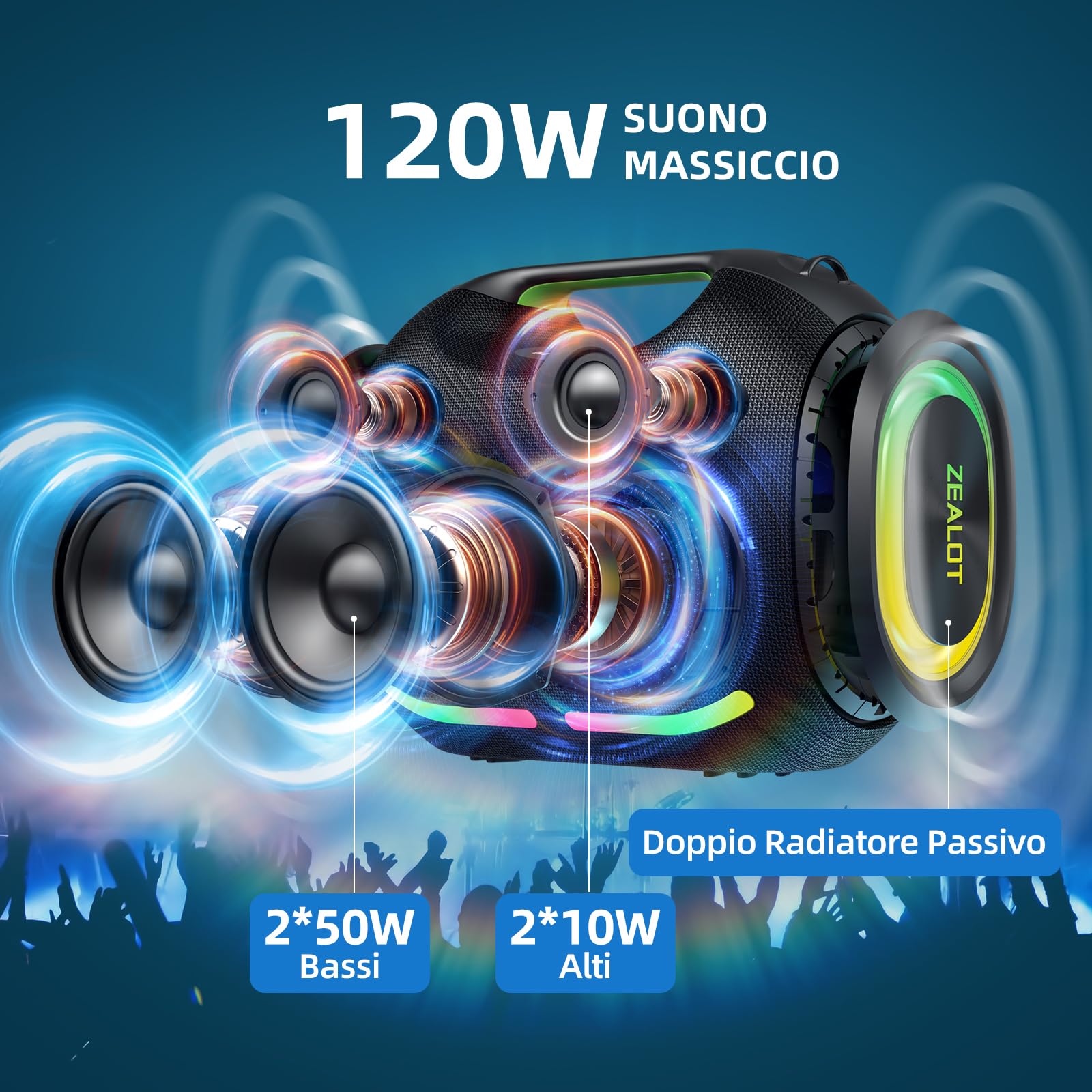 ZEALOT Cassa Bluetooth 150W Peak(120W RMS) con Luce LED,Bluetooth 5.3,Impermeabile IPX6,Suono Stereo,USB/AUX/TF ingresso,USB-C,per Campeggio,Spiaggia,Feste