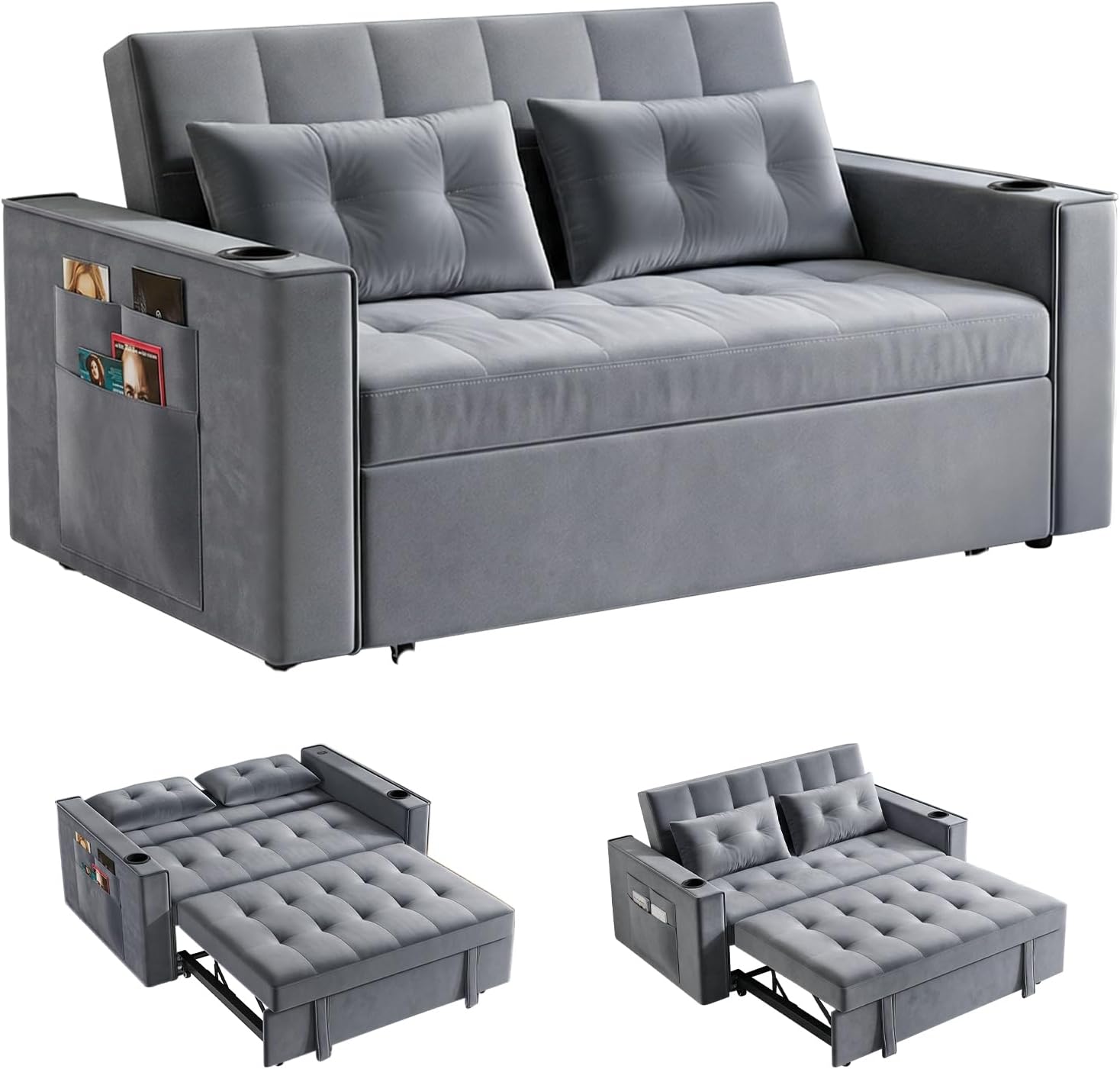 55 Inch 3-in-1 Convertible Sofa Bed with Adjustable Backrest Velvet Pull-Out Floor Couch Side Pockets Cup Holder Charging Station Sleeper Loveseat for Living Room Apartment Small Space RV Grey | Sofa Bed, loveseat