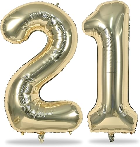 Globos de cumpleaños número 21 dorados de champán para ella, 40 pulgadas, globos de número 21 de oro claro de lámina para niños y niñas, globos de
